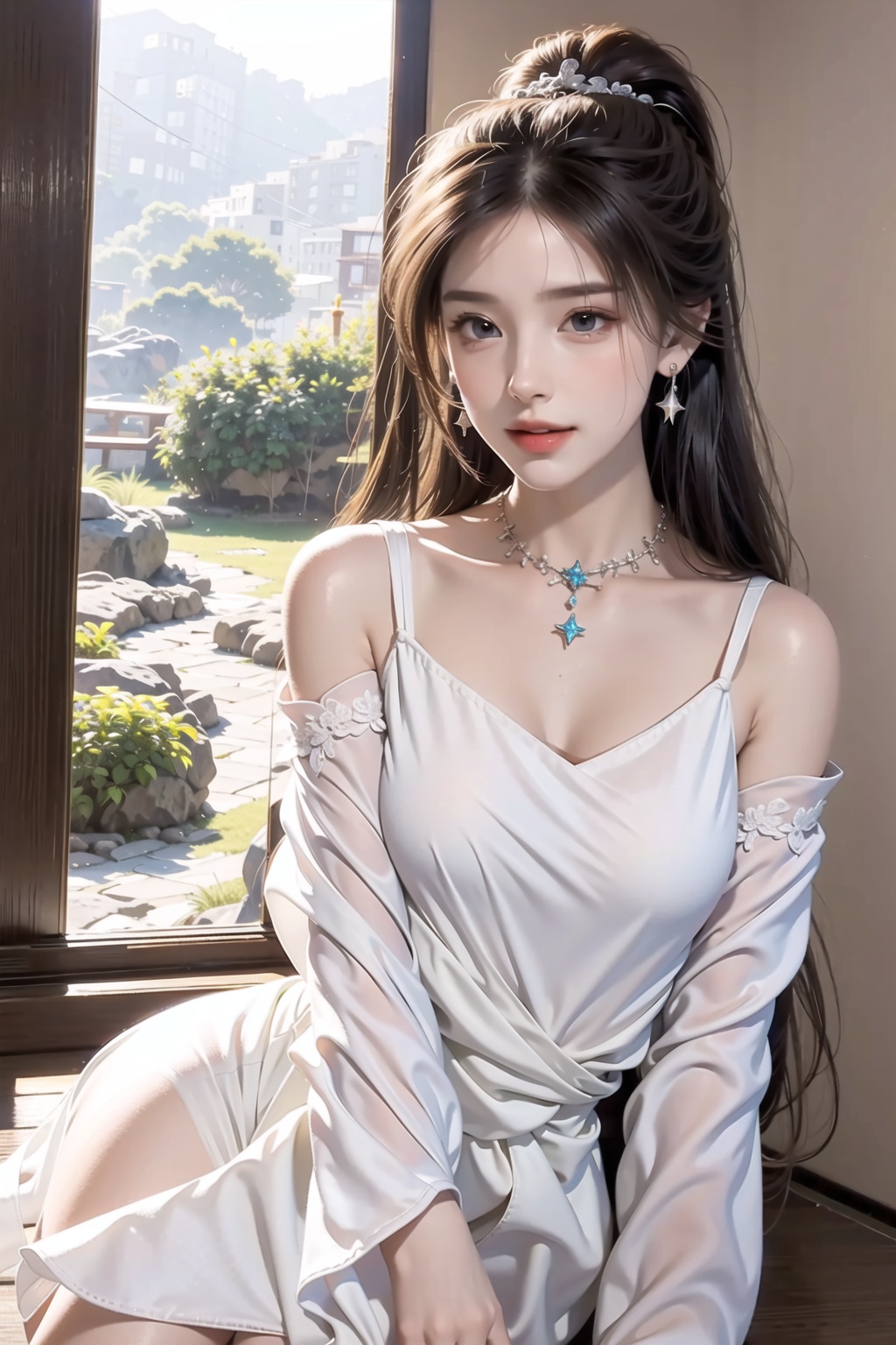 Beautiful girl, white skin, (white hair), high ponytail, hair ends slightly curly, dark red eyes, delicate features, delicate and gorgeous black gauze skirt, puffed sleeves, layered petal skirt, earrings, Necklace, headdress, forehead, delicate background, starry sky, PROM, highest quality, 8K, delicate details, sexy figure, perfect body proportion,limecolourfulGym Clothes, 2.5d-游戏风,