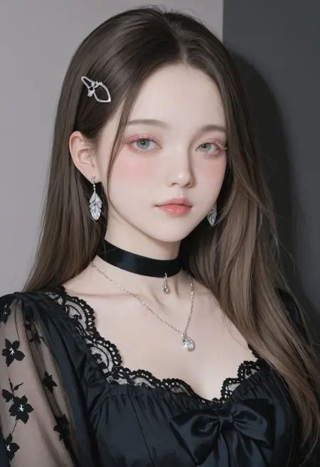 Dark Moody Atmosphere, dark theme, blurred background, (realistic, hyper realistic, ultra masterpiece, ultra detailed, ultra sophisticated), delicate and clear eyes with heterochromia (grey-blue, grey-green), long half-lidded eyes, best quality, highly aesthetic, absurdres, highres.A photograph of a young Asian woman with fair skin and long straight brown hair, adorned with a black floral hairpin on the left. She has soft flushed cheeks with pink blush, long pink eyelashes, and a graceful expression. She wears a white lace-trimmed blouse, a black choker with a small bow, a silver teardrop earring on her right ear, and a delicate necklace with a circular pendant. The minimal light-gray background emphasizes her elegance and face., dramatic, mysterious, dark moody atmosphere