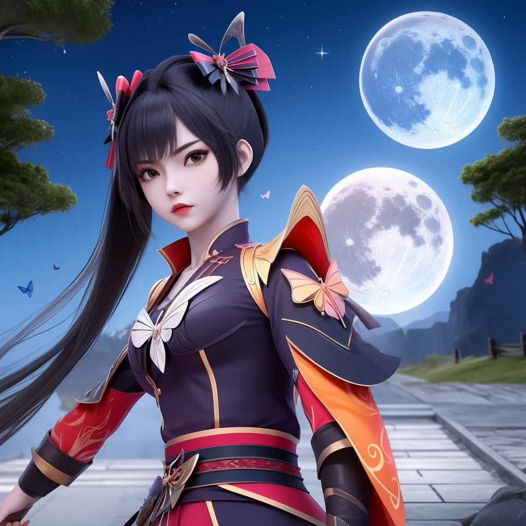 <lora:799-DA-神墓-楚钰:0.8>, 1girl, solo, butterfly, bug, kochou shinobu, demon slayer uniform, butterfly hair ornament, , , hair ornament, moon, multicolored hair, katana, full moon, long sleeves,  , sheath, haori, night, closed mouth, unsheathed, sky,  , belt, blue butterfly, jacket, gradient hair, black jacket, wide sleeves