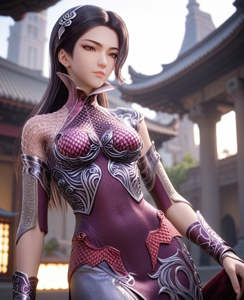 (oriental architecture, elegant decor, sophisticated style:1.1),(dynamic jump:1.1),(breasts:1.2), <lora:XL16秦时明月惊鲵:0.95> miss jingni, corset dress with purple topwear and silver skirt, brown eyes, black hair, long hair, detached sleeves, barrettes, black leather left shoulder cut and mesh fabric on right shoulder, side slit, fishnet pantyhose, score_9,score_8_up,score_7_up,score_6_up,score_5_up,score_4_up,3d rendering,tag1,tag2, Cinematic Lighting,backlighting,