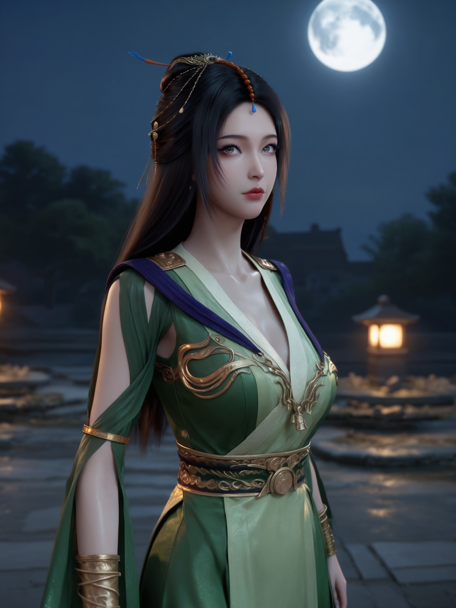 <lora:凡人修仙传-柳玉Pony:0.8>,1girl,long,straight,black hair,golden hairpin,flowing,green silk robe,with golden details,V-shaped neckline,gold-trimmed sleeves,high slit,wide belt,large,circular gold buckle cinches,1girl,solo,shiny,shiny_hair,upper_body,fair_skin,white_skin,shiny_skin,shiny,Ivory_skin,looking at viewer,cinematic lighting,volumetric lighting,solo focus,blurry background,depth of field,night,sky,night sky,full moon,moonlight,