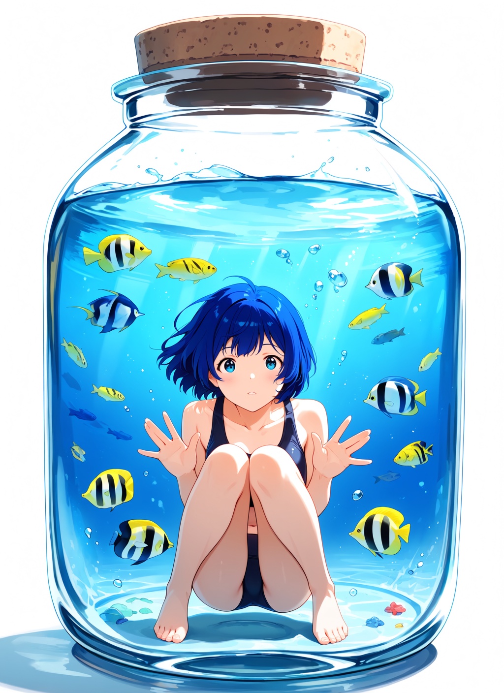 best best quality,  a girl is inside a giant bottle filled with water.many fish in this bottle. gris is wearing swimwear a...