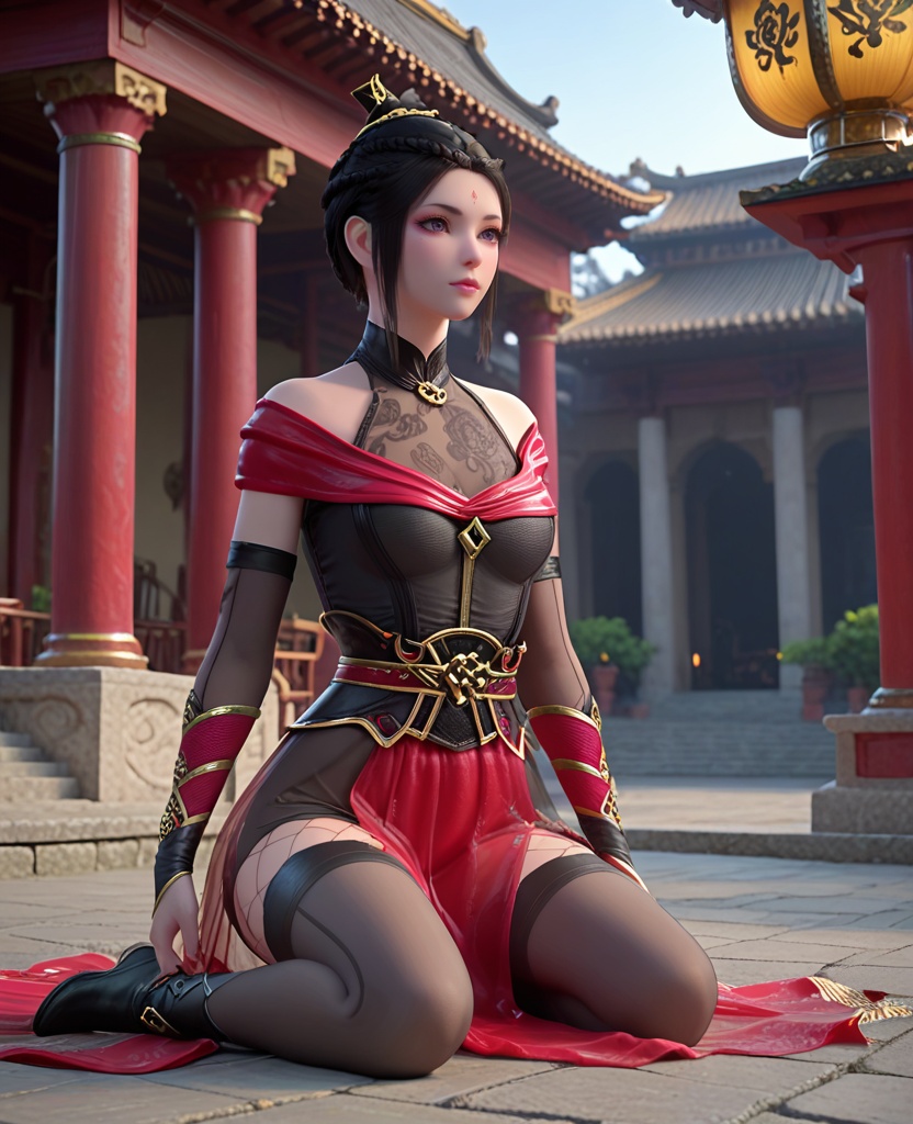 (oriental architecture, elegant decor, sophisticated style:1.1),(Kneeling down with hands resting on the thighs,:1.1),(breasts:1.2),<lora:XL斗破苍穹琥嘉:0.95>,miss hujia,black corset,sash,red see-through miniskirt,red shawl,makeup,purple eyes,forehead mark,black hair,sidelocks,hair bun,purple lipstick,eyeshadow,elbow gloves,black thighhighs,black boots,fishnets,, score_9,score_8_up,score_7_up,score_6_up,score_5_up,score_4_up,3d rendering,tag1,tag2, Cinematic Lighting,backlighting,