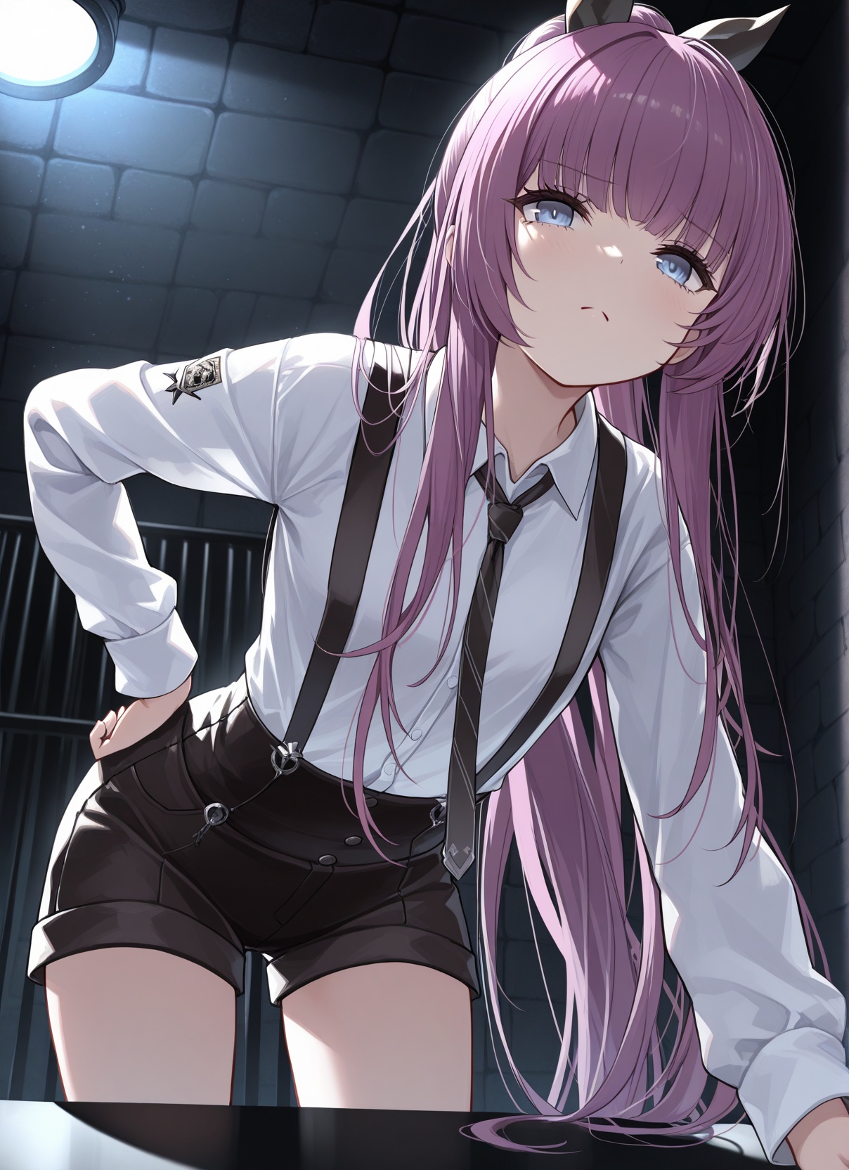 <lora:tashkent_IL_v1.0:1>,tashkent \(the bound cruiser\) \(azur lane\),ponytail,collared shirt,suspender shorts,necktie,hand on own hip,pov across table,prison,leaning forward,from below,frown,(dim lighting:1.2),, masterpiece,best quality,