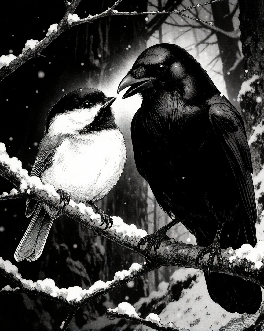 Striking black and white manga style,  a tender moment between two birds in a snowy,  wintry scene. The image features a s...