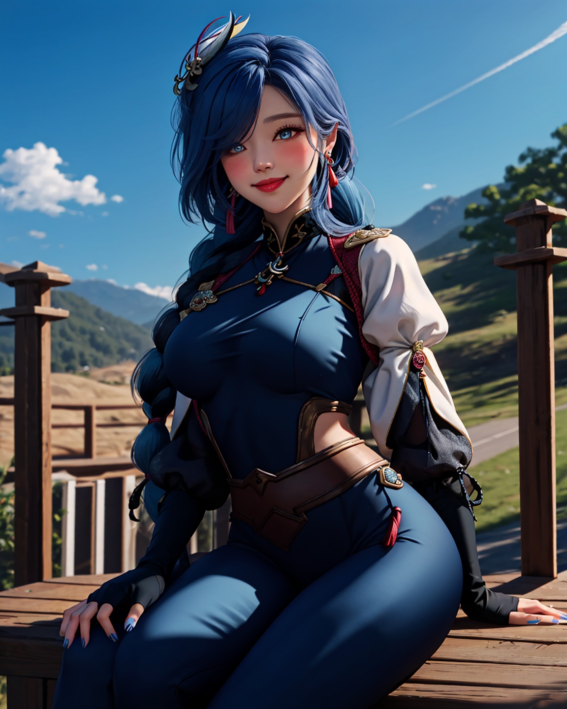 shenhe, genshin impact, 1girl, shenhe \(genshin impact\), solo, breasts, hair over one eye, blue eyes, , long hair, , blue nails, covered navel, looking at viewer, sitting, hair ornament, hip vent, tassel, bodysuit, braid, sky, smile, clothing cutout, blush, blue sky, gloves, black bodysuit, outdoors, jewelry, braided ponytail, nail polish, day, very long hair, earrings, bangs, puffy sleeves, thighs, closed mouth, tassel earrings, black gloves,<lora:shenhe_v10_lora:1.0>,, masterpiece, best quality