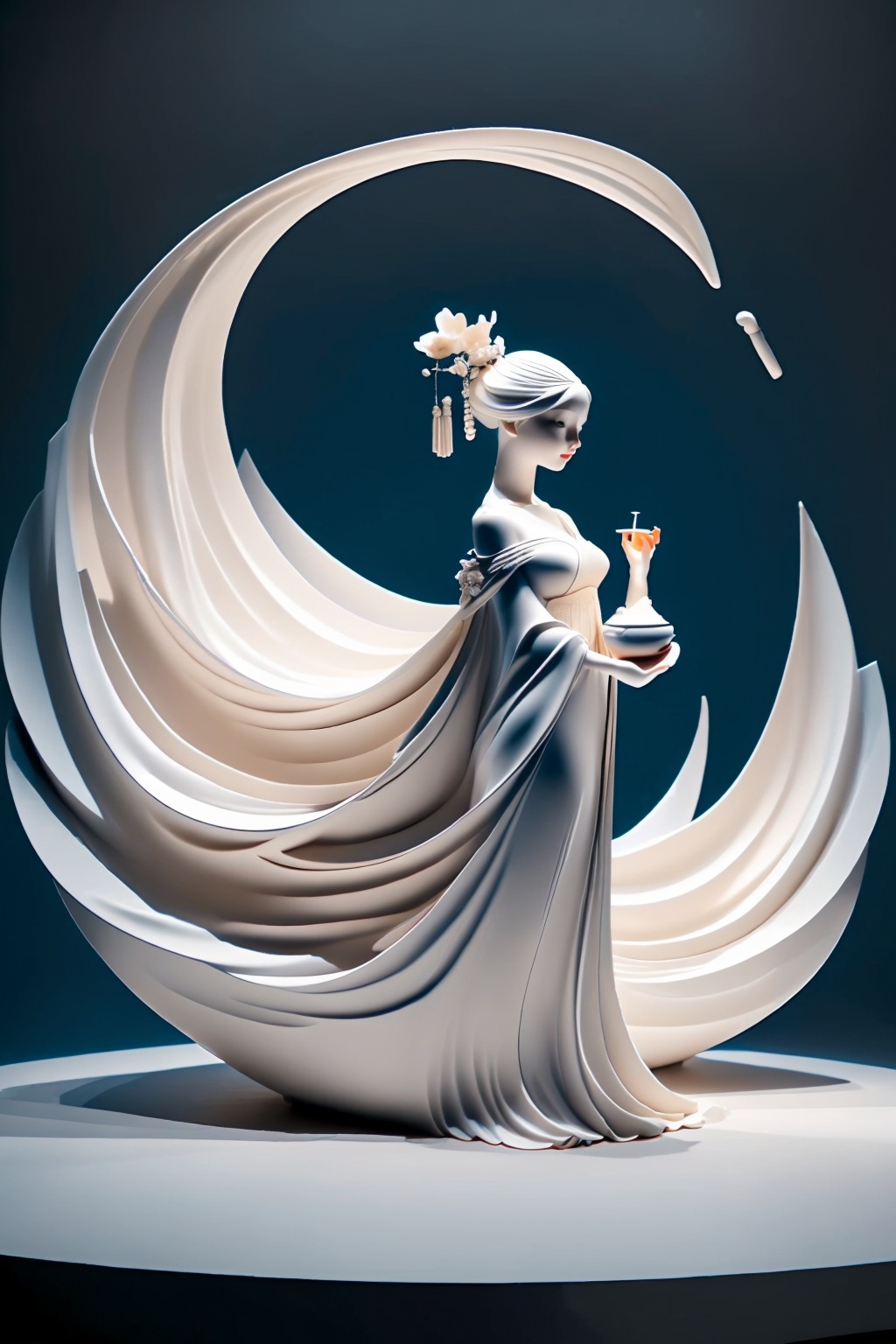 shouban,<lora:手办_v1.0:0.8>,1girl,in the strange landscape of the dream garden,an explorer wearing a flowing long dress,handheld compass,coincidentally observing a huge talking flower,surrounded by fish swimming upstream and flying flowers,her eyes sparkled with curiosity about the unknown,