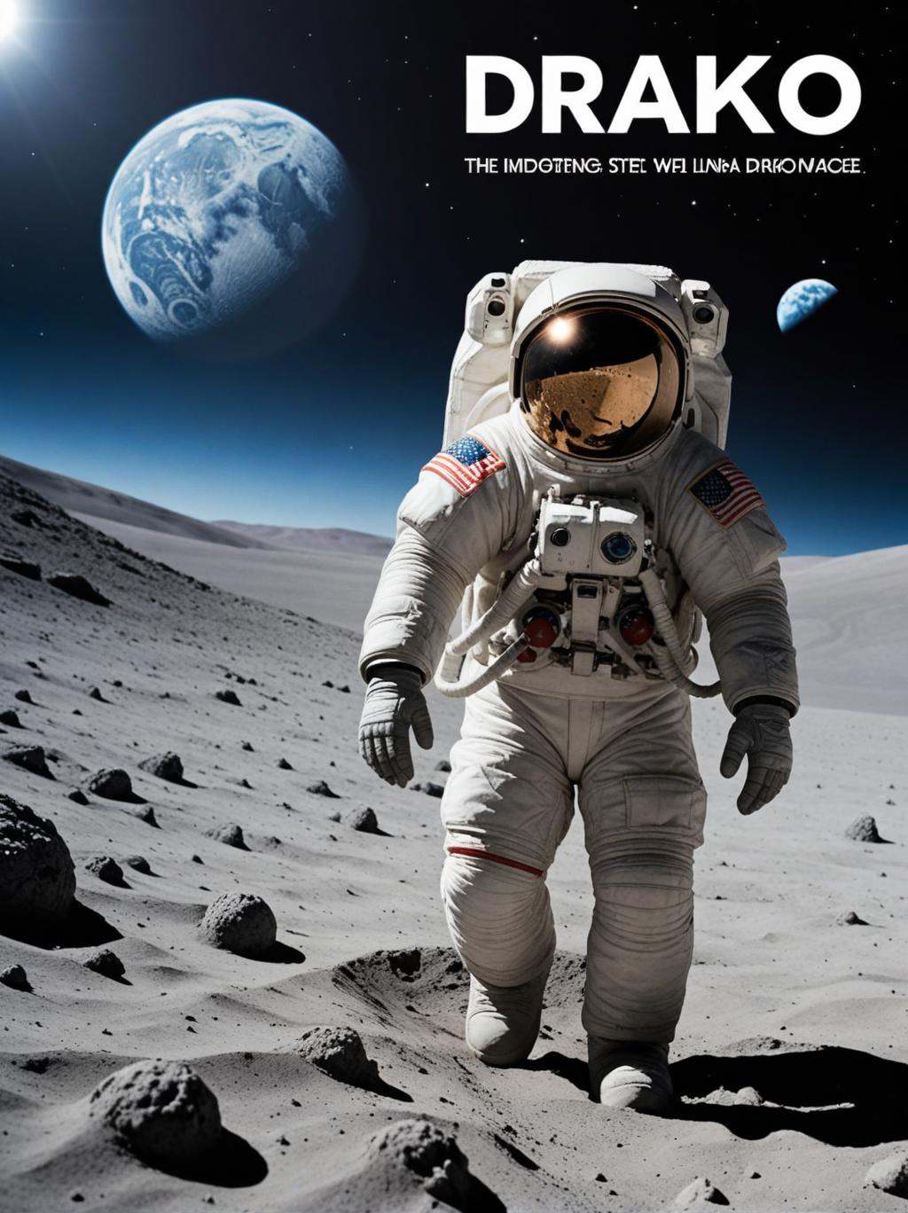 (movie poster with title and text graphics:1.3) (under the title banner text logo "D\R\A\K\O":1.5), In the sky we see an astronaut walking on the lunar surface, with a planet in the background, miniature diorama style, focus on the astronaut, medium definition planet, Alan Bean, shot on 70 mm, dark white and azure, toy proportions, environmentalism