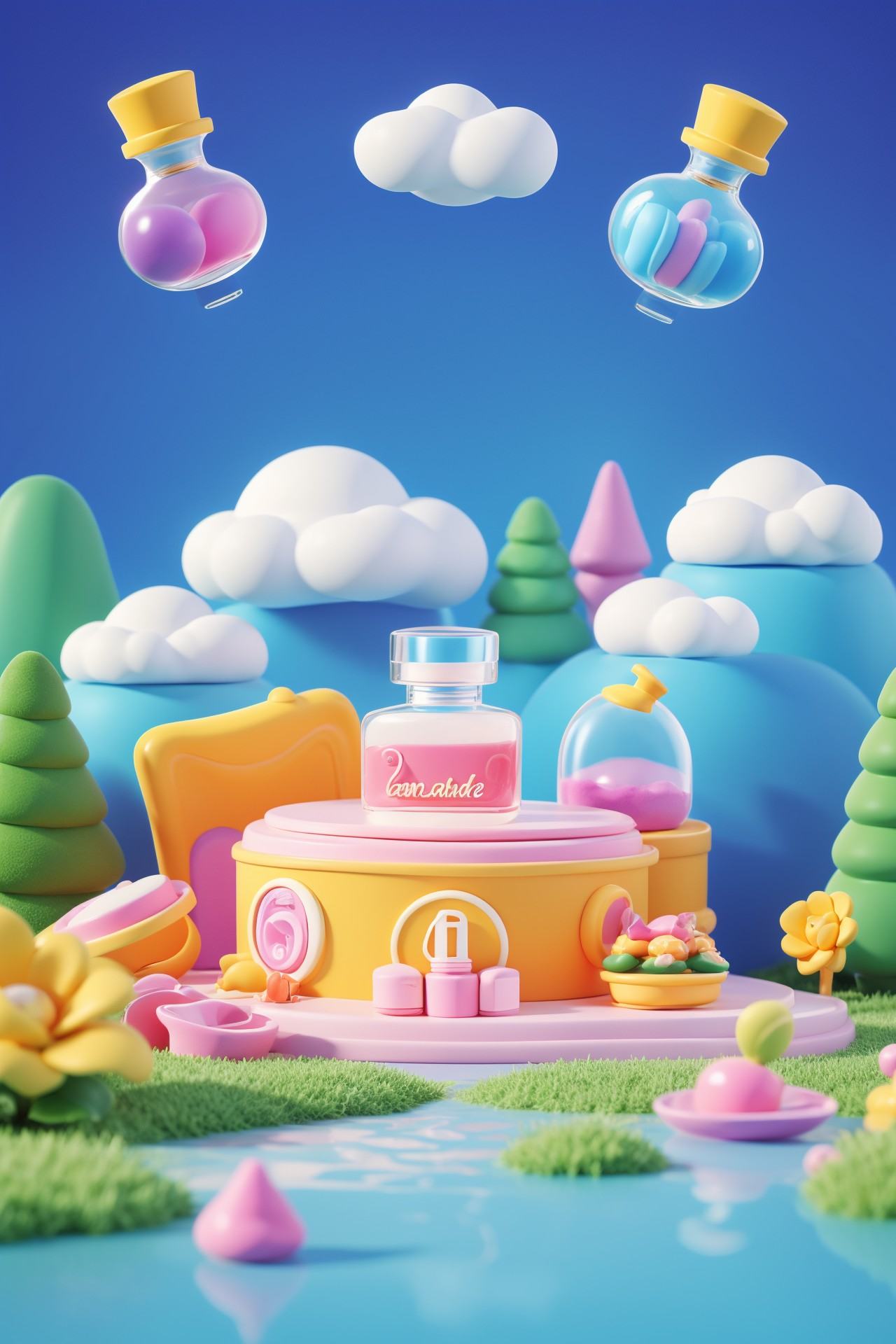 3D,3d style,q version cute，A vibrant product photograph created for an innovative advertisement, featuring a chic bottle of perfume surrounded by a delightful candyland. The perfume bottle, with its elegant and modern design, stands out against a backdrop filled with candy sculptures, marshmallow clouds, and sprinkle-covered hills. The playful and colorful setting emphasizes the fragrance’s allure. Captured with a Sony Alpha A7R IV camera, using a 35mm f/1.4 lens, aperture set to f/2.8, and a shutter speed of 1/100s. The high-resolution image captures the detailed craftsmanship of the perfume bottle and the enchanting candy landscape, making it perfect for an engaging and dynamic advertisement.