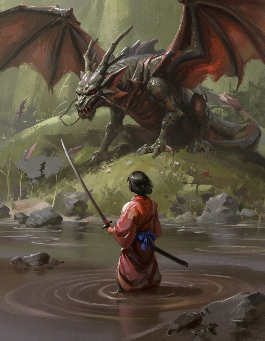 A Japanese warrior standing in a shallow,  muddy pond,  facing a large on Tensor.Art