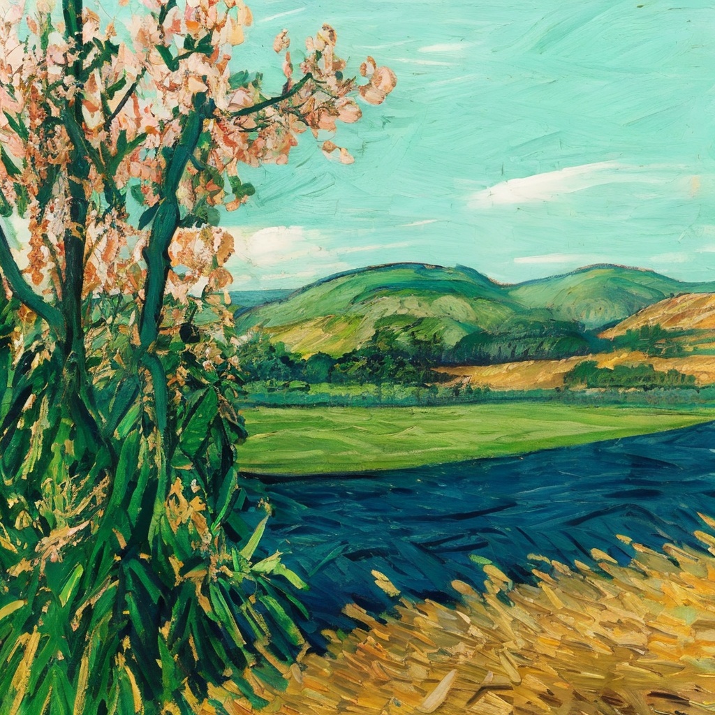van gogh,impressionism,painting,oil_painting,scenery,mountain,blue sky,white cloud,trees,plant,wheat field,crow,bird,masterpiece,the ultimate detail,high definition,medium shot,((sunflower)),   <lora:印象派梵高1.0:0.9>