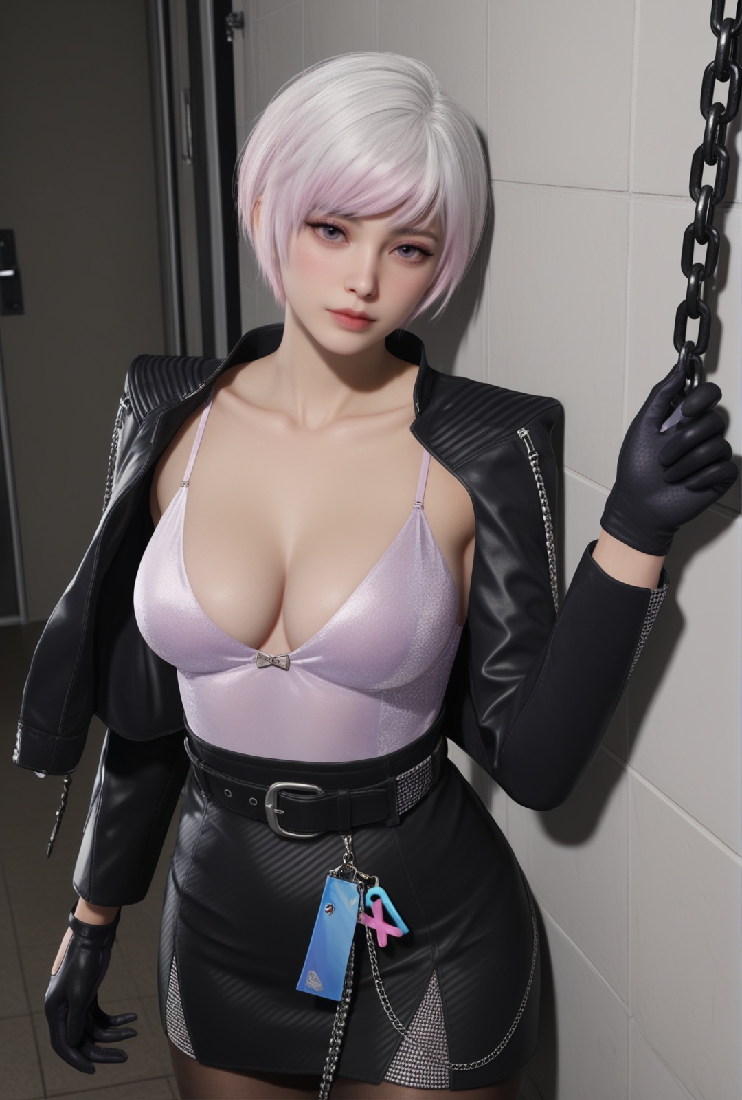 masterpiece,best quality,amazing quality,high resolution,ultra-detailed,absurdres,(looking at viewer:1.1),1girl,BREAKcollarbone BREAK photorealistic details,realistic,<lora:逆战未来贝拉·暗夜回旋曲il-000008:0.8>,black gloves,breasts,brown pantyhose,chain,eyelashes,jacket,long sleeves,nzwl,shirt,short hair,skirt,white hair,