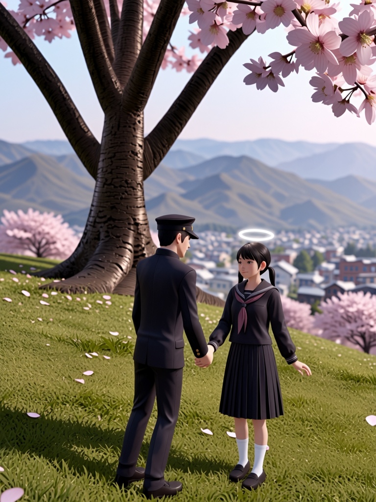 In this 3D anime-style wide shot,  a tall male student and a petite girl stand on a grassy hillside under a large cherry b...