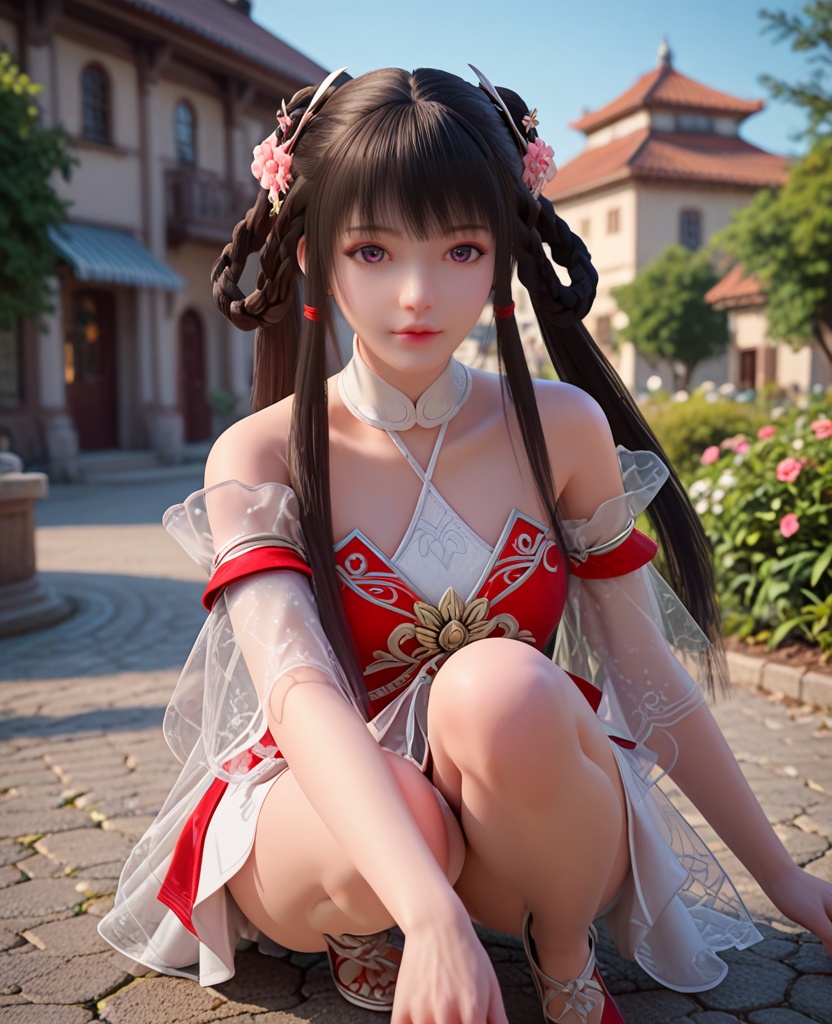 (oriental architecture, elegant decor, sophisticated style:1.1),Crouching on the ground,,(breasts:1.2),<lora:XL完美世界少女火灵儿:0.9>,miss huolinger,solo,red corset with white minidress underneath,see-through fart curtain,see-through sleeves,purple eyes,bangs,hair rings,hair flower,black hair,long hair,hanging hair,twintails,tassel,, zPDXL2, score_9, score_8_up, score_7_up BREAK realistic, masterpiece,best quality, highly detailed,, zPDXL3, zPDXL2,zPDXL, zPDXLxxx, zPDXLrl,