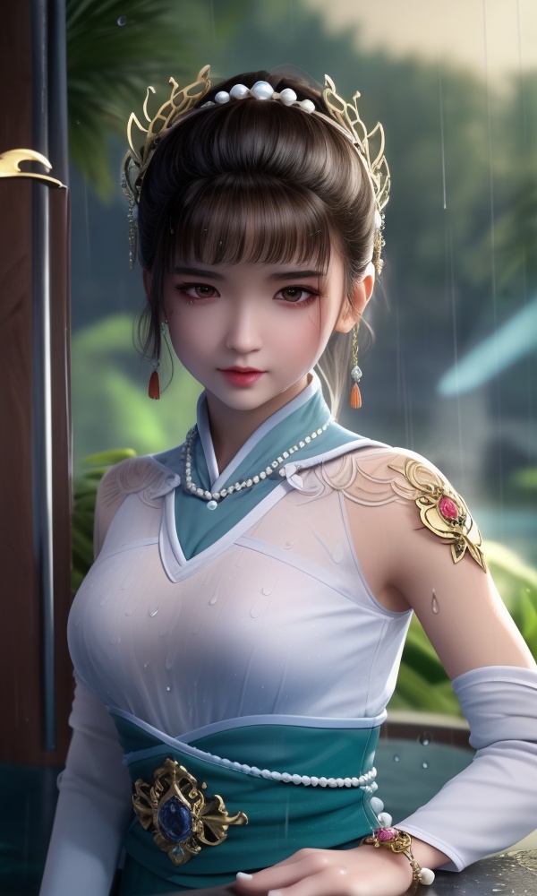 <lora:389-DA-永生-虚月儿:0.8> ,(,1girl, ,best quality, ),looking at viewer, ,ultra detailed 8k cg, ultra detailed background, ultra realistic 8k cg,  ,masterpiece((((1girl, solo,  , ,solo focus, wet,sweat, ocean,rain, water drop, )))) (, , sweatdrop, flying sweatdrops, sweating profusely,colorful drop \(module\), ) flawless, clean, masterpiece, professional artwork, famous artwork, cinematic lighting, cinematic bloom,  dreamlike, unreal, science fiction, luxury, jewelry, diamond, gold, pearl, gem, sapphire, ruby, emerald, intricate detail, delicate pattern, charming, alluring, seductive, erotic, enchanting, hair ornament, necklace, earrings, bracelet, armlet,halo, 1girl, solo, , lips,chinese_clothes, ,  female child, 