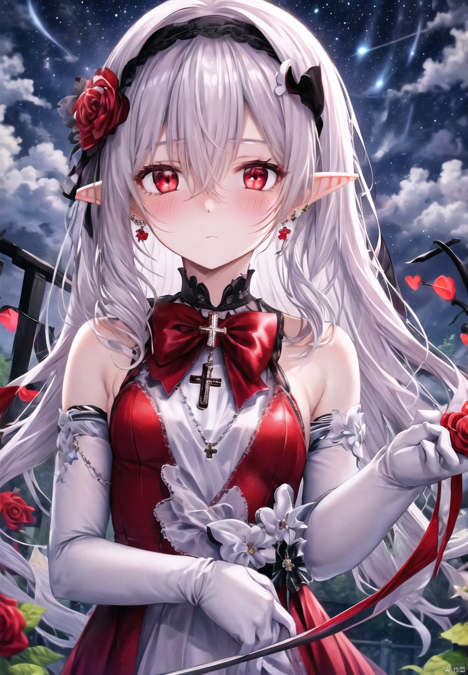 1girl, solo, long hair, breasts, looking at viewer, blush, bangs, hair ornament, red eyes, gloves, dress, bow, hair between eyes, bare shoulders, jewelry, closed mouth, upper body, flower, white hair, heart, hairband, earrings, small breasts, outdoors, sky, pointy ears, elbow gloves, hair flower, bowtie, necklace, red bow, night, rose, red dress, cross, fire, slit pupils, night sky, red rose, vampire, cross earrings<lora:EMS-361834-EMS:0.400000>, <lora:EMS-302518-EMS:0.500000>, <lora:EMS-363222-EMS:0.600000>