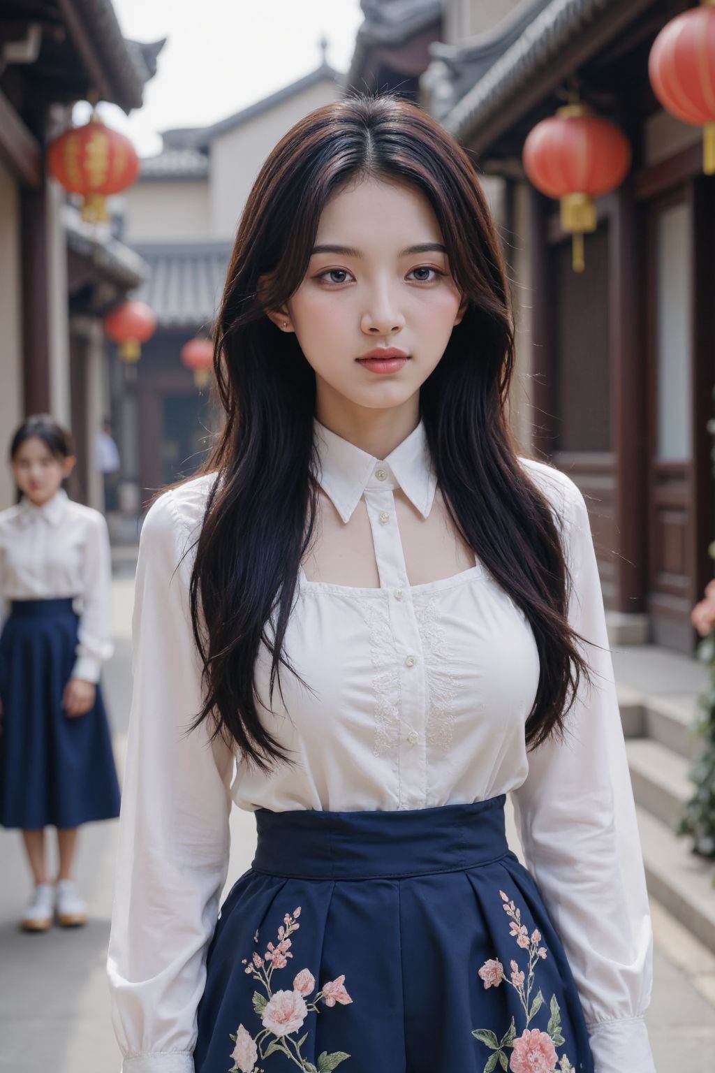HDR photo of cinematic film still this photograph features a young girl with long,straight black hair and fair skin,standing on a traditional Chinese street. She wears a white blouse with intricate floral embroidery and a high-waisted,navy-blue skirt adorned with floral patterns. The street is lined with red lanterns and traditional wooden buildings,with another girl in the background. The scene is well-lit,suggesting daytime.,<lora:20250806_AgainGirlLora10:1>