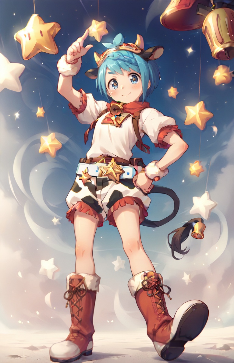 score_9,score_8_up,score_7_up,score_6_up,score_5_up,score_4_up BREAK source_anime,1girl,solo,looking at viewer,blush,smile,blue eyes,star_in_eye,blue hair,full body,short sleeves,boots,shorts,belt,bell,cow print,<lora:野户真阳pony:1>,short hair,