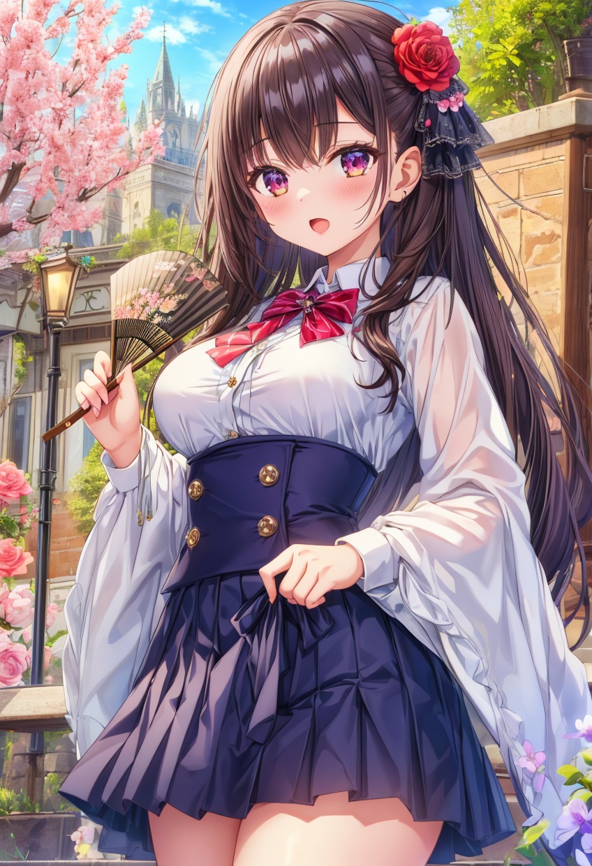 masterpiece,best quality,absurdres,1girl,beautiful detailed girl fine and beautiful detailed skin,extremely detailed beautiful background,CG,8K wallpaper,flower,holding_fan,skirt_suit,orgasm,outdoors,