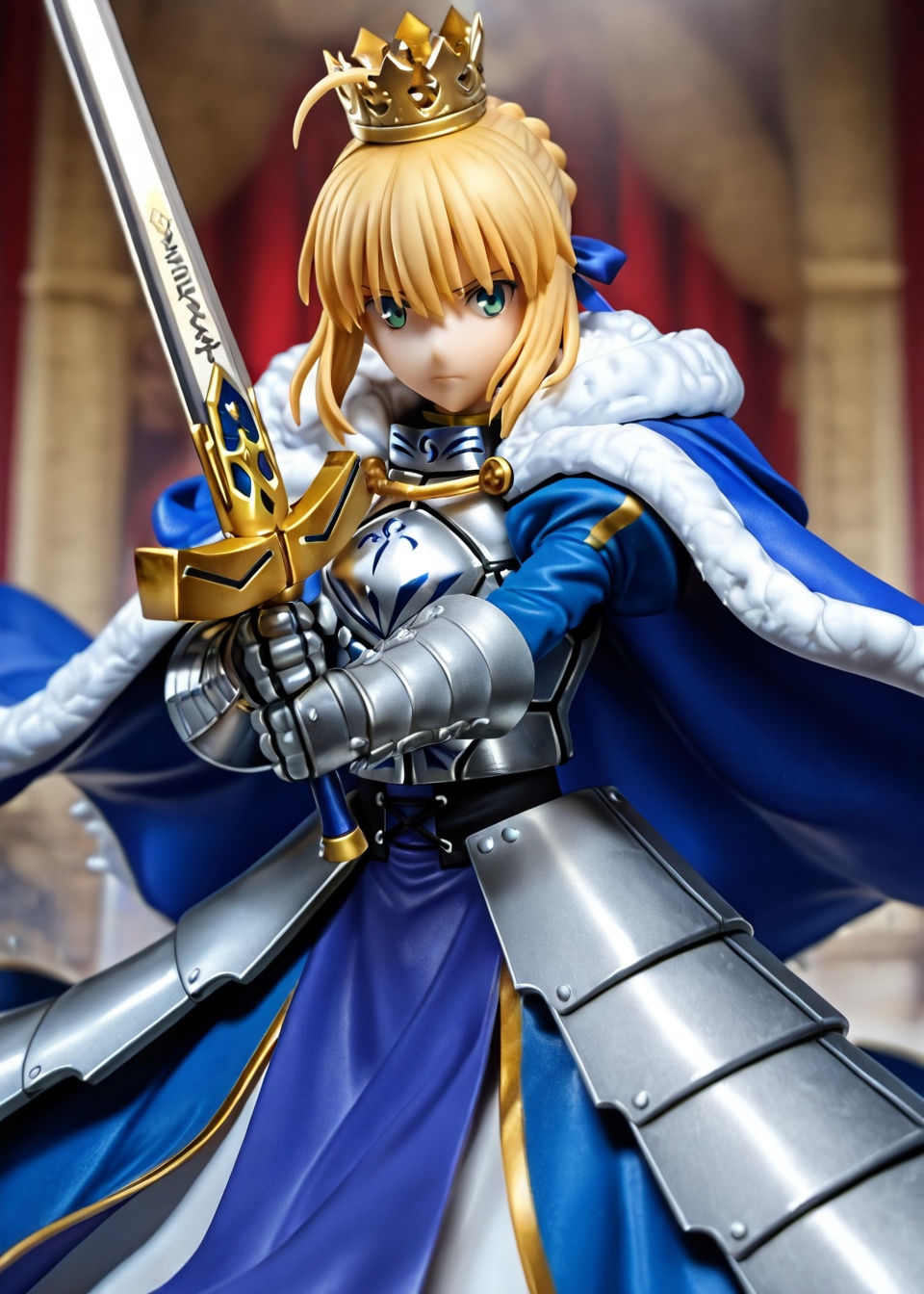1girl, artoria pendragon \(fate\), solo, green eyes, saber \(fate\), weapon, sword, ahoge, gauntlets, blonde hair, armor, excalibur \(fate/stay night\), crown, looking at viewer, cape, fur trim, holding, blue cape, holding sword, holding weapon, braid, hair between eyes, blue dress, dress, armored dress