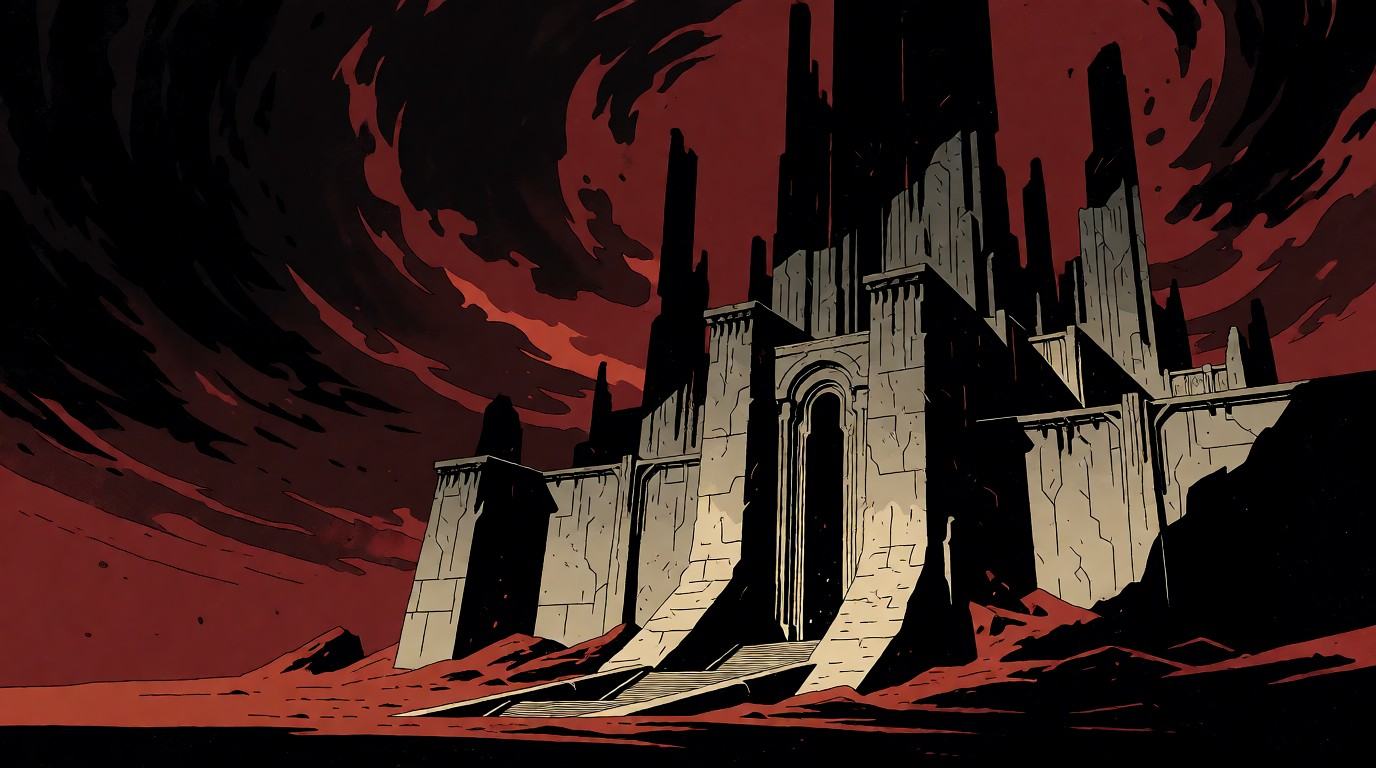 Subject and actionA colossal,  monolithic palace dominates a desolate,  infernal landscape within the realm of Pandemonium...