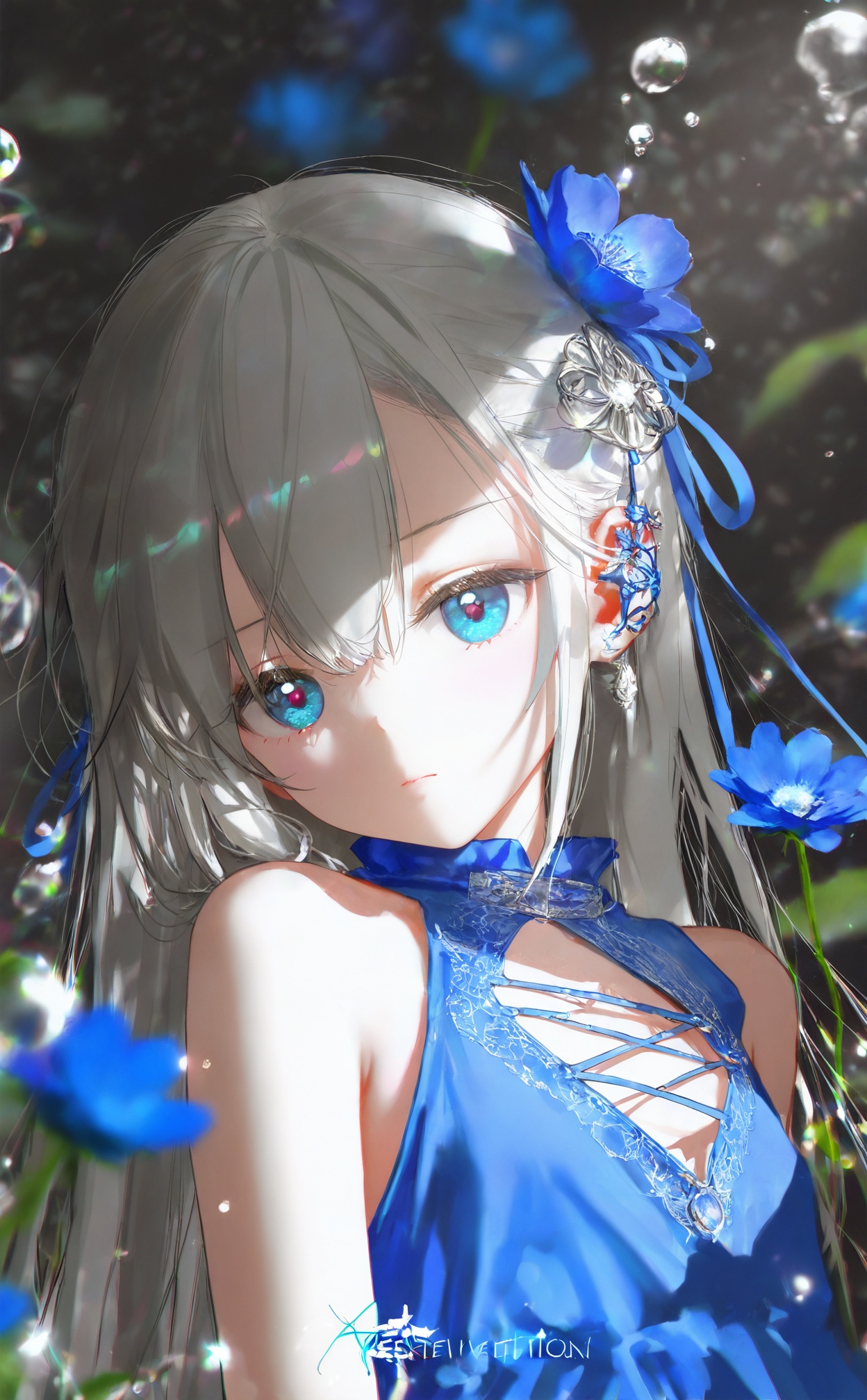 masterpiece,best quality,high quality,loli,blurry background,background light,//,1girl,solo,flower,long hair,blue eyes,blue flower,white hair,dress,expressionless,upper body,hair ornament,closed mouth,blue dress,water drop,bare shoulders,jewelry,clothing cutout,//,(artist:aestivation:2.4),(artist:nasii:0.4),(artist:toosaka asagi:0.4),(artist:atdan:0.4),(artist:iumu:0.72),(artist:wlop:0.72),artist:96YOTTEA,artist:Konya Karasue,artist:omone_hokoma_agm,//,