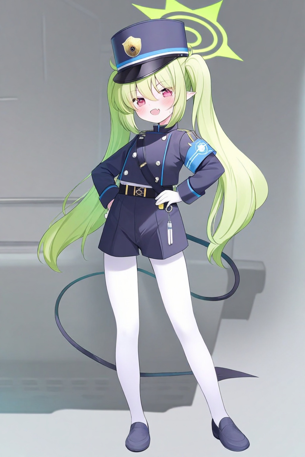 blue archive, nozomi \(blue archive\), 1girl, armband, black tail, blue armband, buttons, demon tail, double-breasted, fang, full body, green hair, green halo, halo, hand on own hip, hat, long hair, looking at viewer, pantyhose, peaked cap, pointy ears, shorts, skin fang, smile, solo, tail, train conductor, twintails, white background, white pantyhose<lora:ch_p-000021:1>