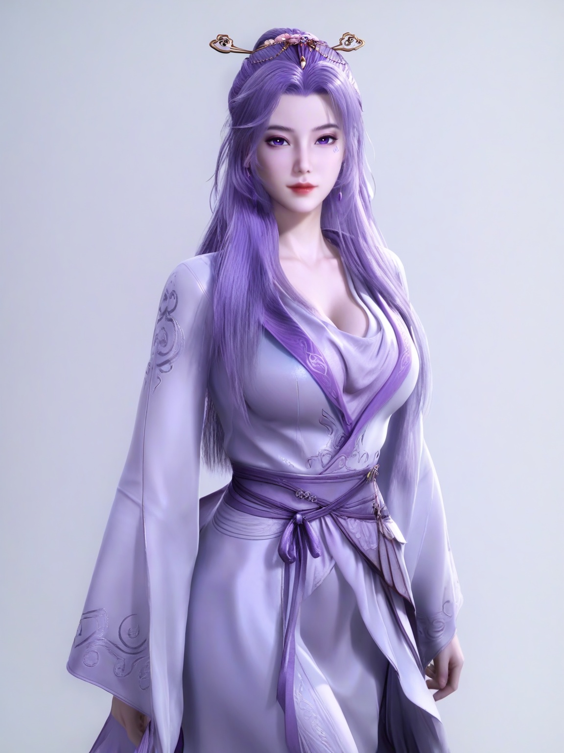 score_9,<lora:SF_YunXiao_Pony_Realism2.3-000004:0.7>,1girl,breasts,large breasts,standing,hair ornament,facial mark,solo,lipstick,long hair, dress,jewelry,purple eyes,purple hair,long sleeves, wide sleeves, cowboy shot,looking at viewer,white background,simple background,