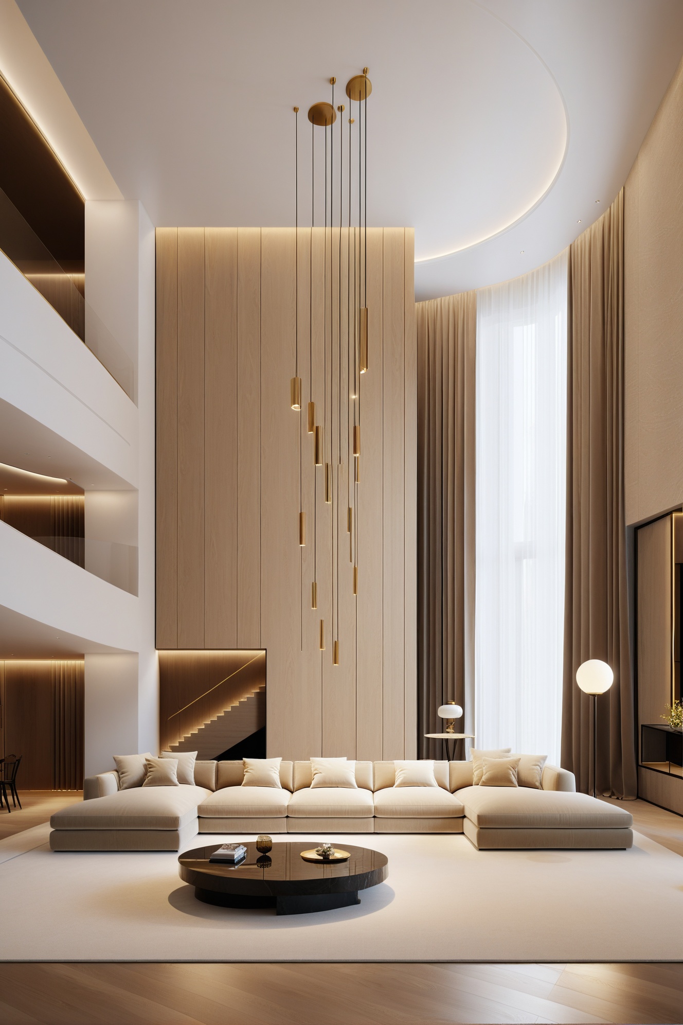 8K,high-definition,high quality,high resolution,details,realism,masterpieces,realism,masterpieces,minimalist,luxury decoration,livingroom,sofa,carpet,floor lamp,duplex building,double-storey building,hollow livingroom,vertical composition,