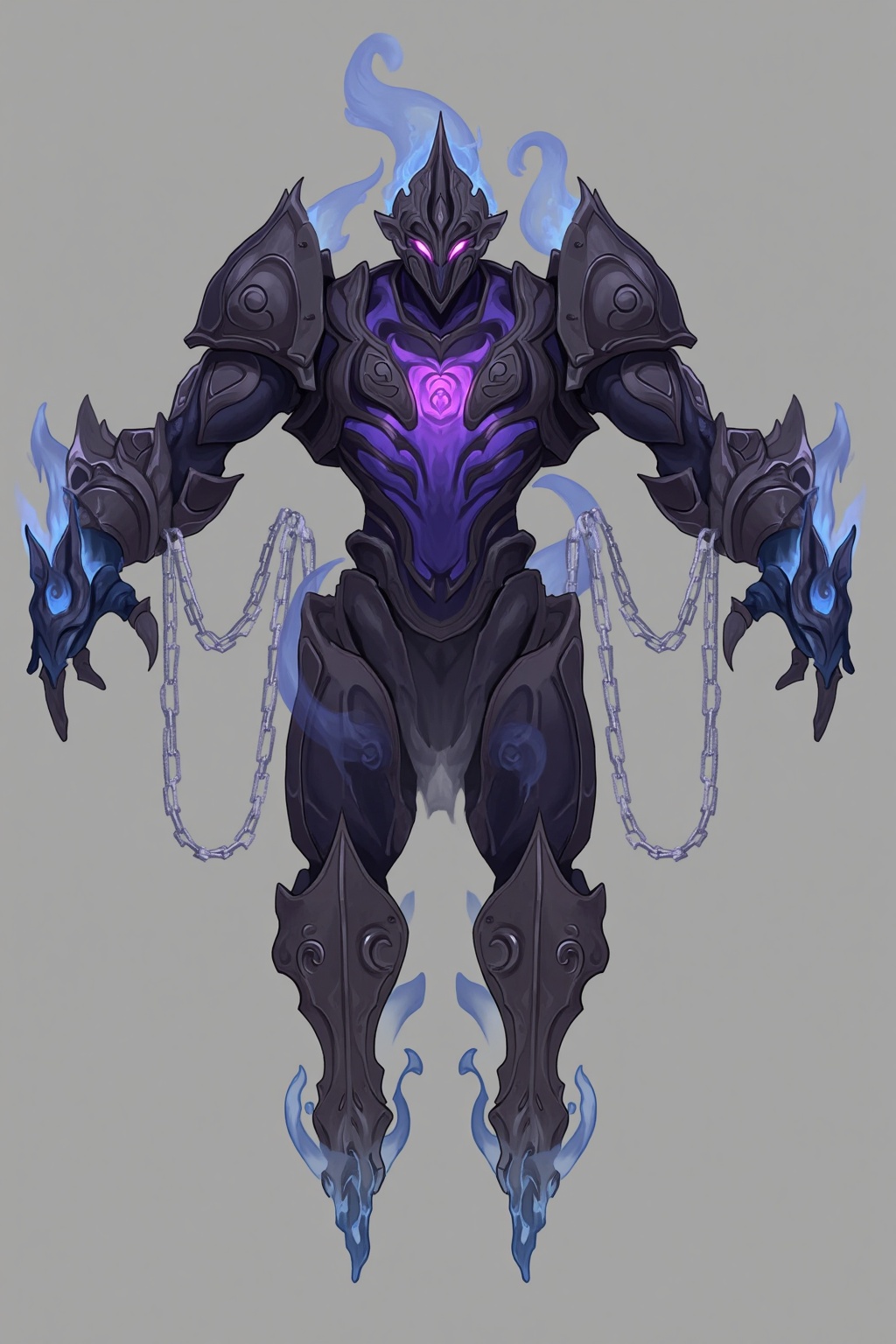 HEZI,Elemental Spirit,Character design,full body,white background,game character,Light Texture,Water Ripple Texture,Flame Texture,Wave texture,Flame Arm texture grey background,armor,solo,male focus,glowing,simple background,shoulder armor,chain,gauntlets,glowing eyes,fire,pauldrons,helmet,standing,full body,claws,
