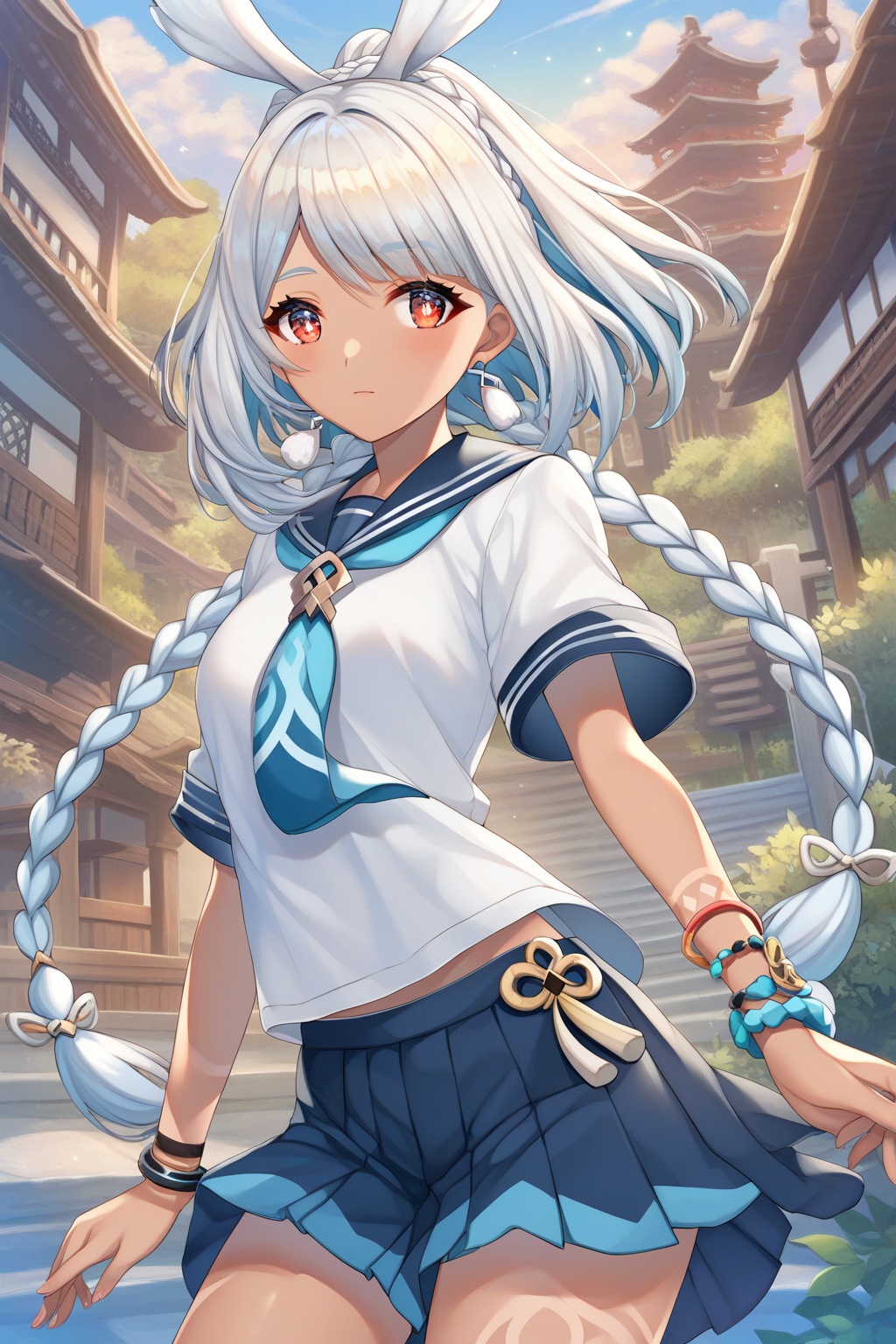 score_9,score_8_up,score_7_up,score_6_up,score_5_up,score_4_up,source_anime,source_cartoon,<lora:mualaniTuPONYXL-000008:0.6>,mualani \(genshin impact\),1girl,solo,twin braids,white hair,long hair,dark skin,red eyes,bracelet,symbol-shaped_pupils,cowboy shot,shorts,outdoors,school uniform,tanlines,rabbit ears, 