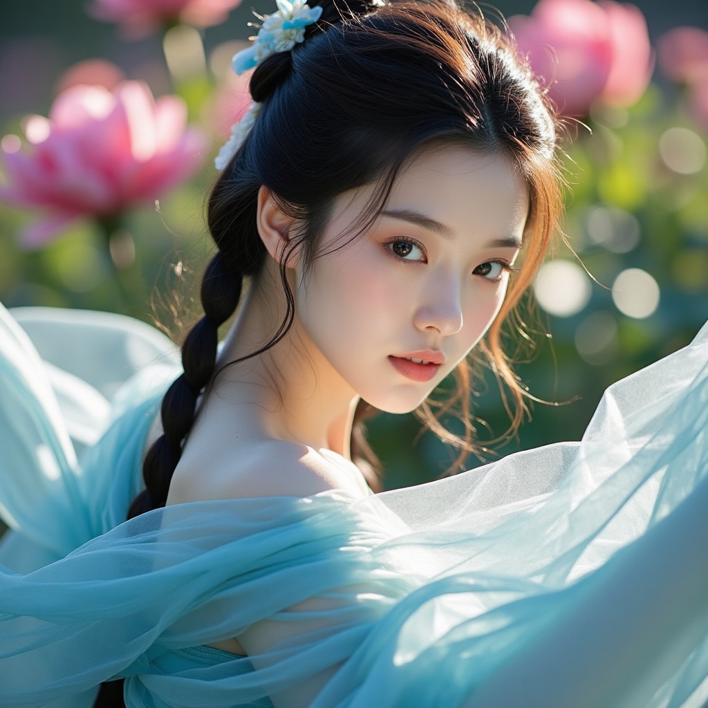 qingsha,qingsha,A photo of an Asian woman with fair skin and loose braids of long dark hair. She was wearing a transparent blue off shoulder dress, with flowing fabric and sunlight shining on it. The background is a blooming flower. This photo exudes a serene and ethereal aura.