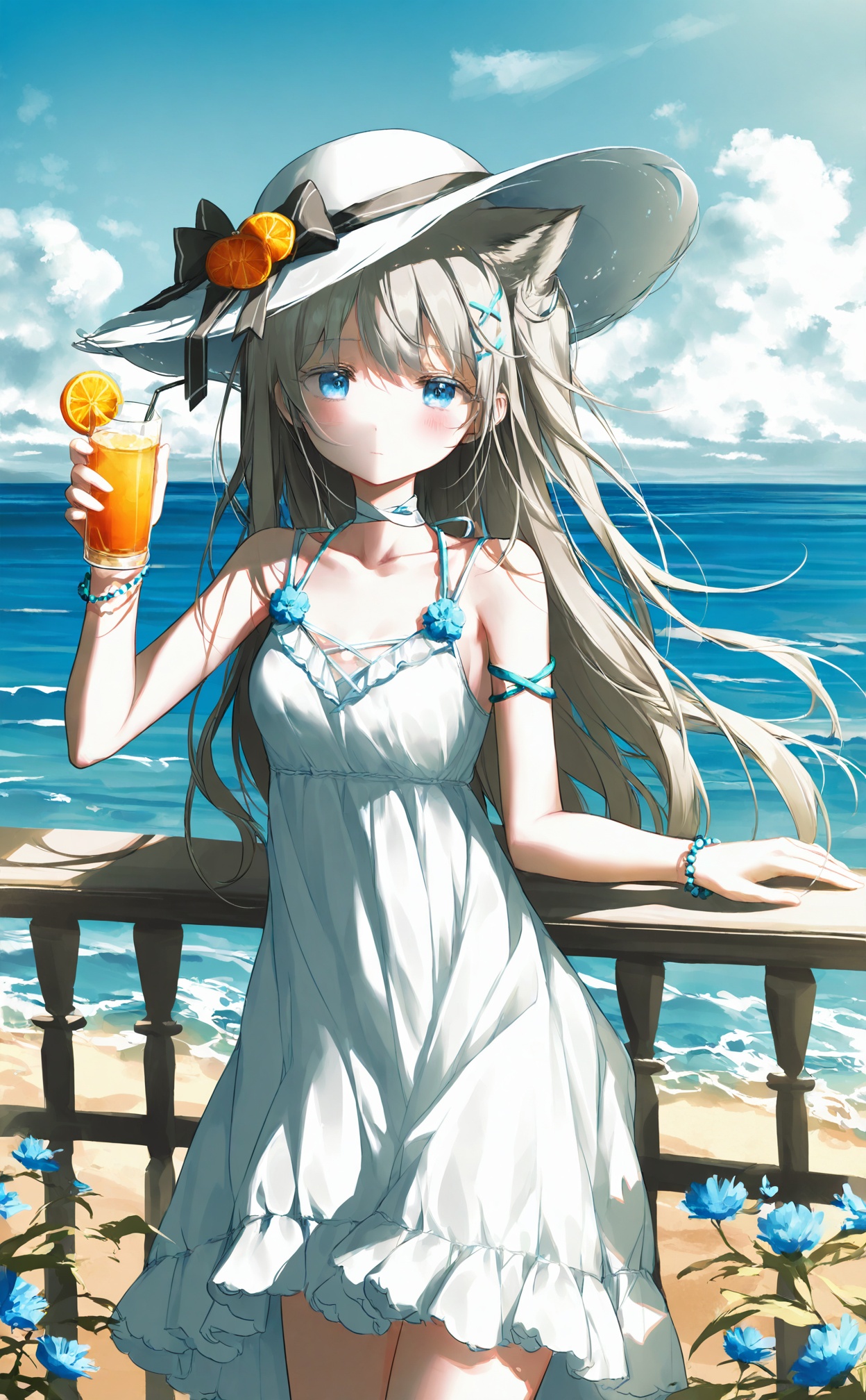 //,1girl, hat, dress, solo, white dress, bracelet, sun hat, blue eyes, long hair, cup, holding, looking at viewer, jewelry, black bow, bow, white headwear, outdoors, holding cup, grey hair, ocean, sky, drinking glass, food, closed mouth, orange (fruit), sleeveless, white choker, sleeveless dress, day, flower, hand up, blue sky, drink, breasts, hat bow, cloud, orange slice, blue flower, fruit, bare shoulders, bead bracelet, sundress, beads, hat ribbon, ribbon, railing, horizon, holding drink, collarbone, water, small breasts, blush, armlet, frills//,<lora:zitonger——【noob】hans:0.9>,