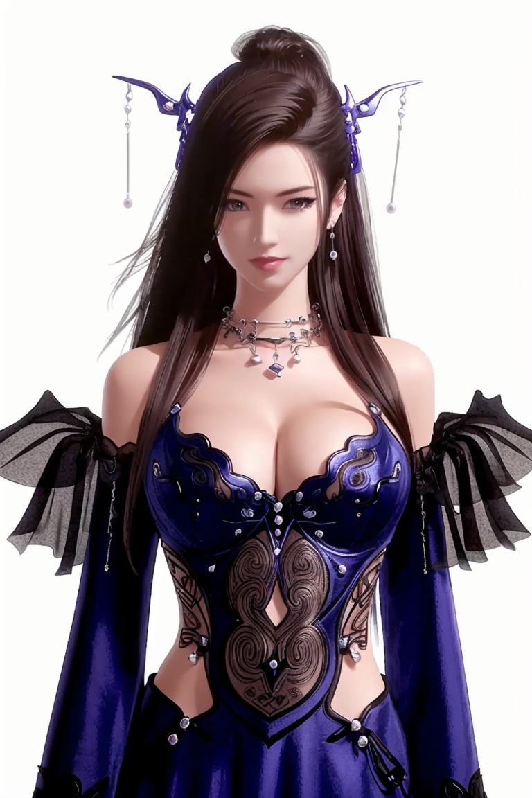 ((HRD, HUD, 8K)),((masterpiece, best quality)), highly detailed,1girl, solo, hair ornament, brown hair, black hair, long hair, brown eyes,necklace, jewelry, earrings, breasts, cleavage, bare shoulders, detached sleeves, dress, purple dress, simple background, white background, upper body, standing, looking at viewer, <lora:20240525-1716650918118:0.72>