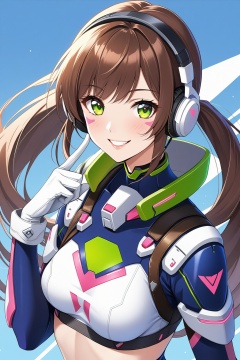 1girl,solo,long hair,breasts,looking at viewer,blush,smile,bangs,brown hair,gloves,long sleeves,navel,twintails,medium breasts,green eyes,upper body,parted lips,midriff,white gloves,hand up,stomach,grin,crop top,cosplay,bodysuit,headphones,low twintails,facial mark,short twintails,index finger raised,arm behind back,whisker markings,d.va \(overwatch\),