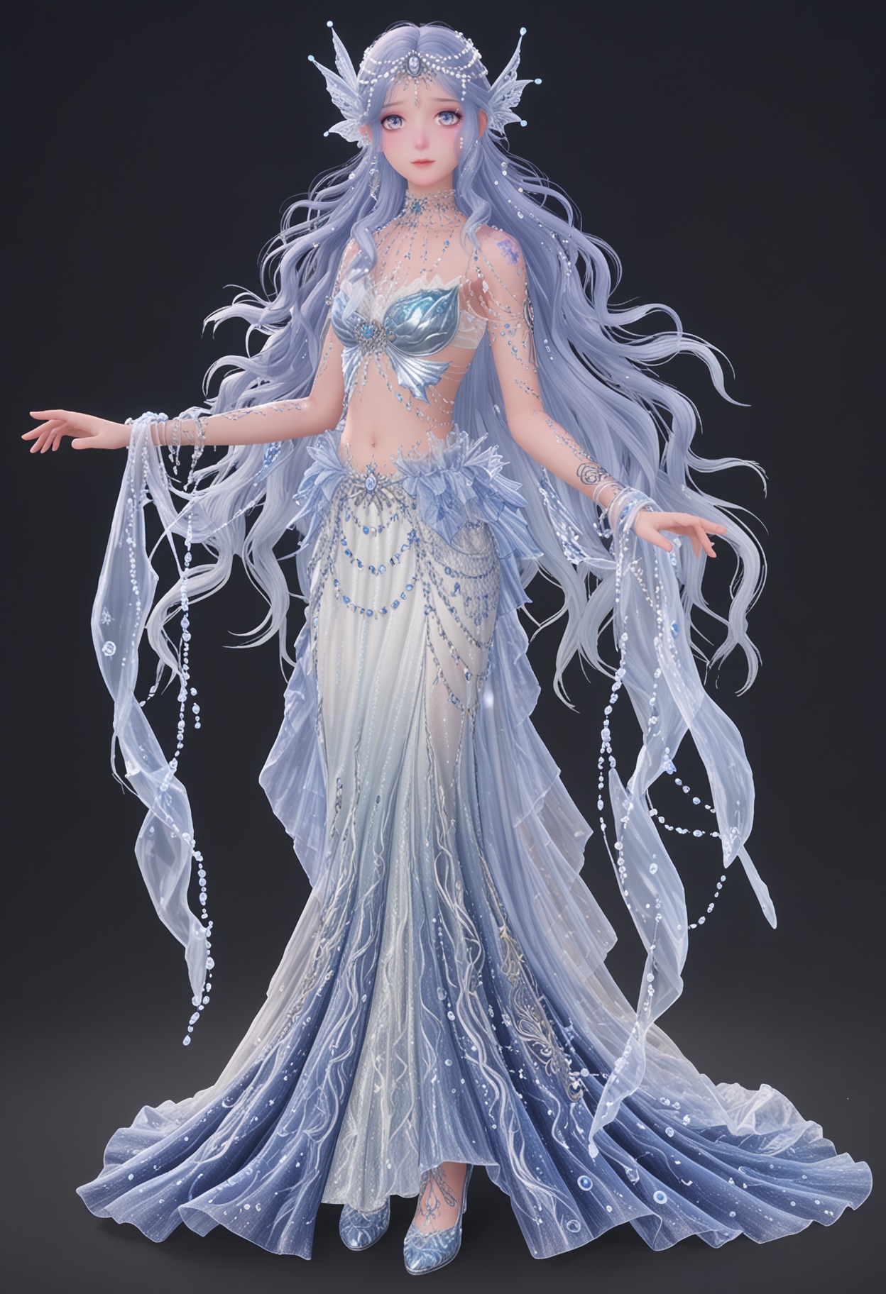 (perfect_anatomy:1.1),(full_body:1.1),<lora:YQ_pony_nuannuan_ranyulan_V4:0.8>,1girl,q1528437228,solo,jewelry,long hair,gem,hair ornament,blue hair,earrings,necklace,beads,blue eyes,bracelet,bare shoulders,pearl (gemstone),breasts,see-through,dress,blue gemstone,wavy hair,skirt,navel,crescent,grey eyes,midriff,grey hair,fins,armlet,purple hair,head chain,makeup,hair beads,head fins,long skirt,high heels,purple eyes,legs,blue footwear,sparkle,tattoo,braid,(looking_at_viewer:1.1),perfect_anatomy BREAK perfect_anatomy,solo focus,(score_9:1.2),masterpiece,(best quality:1.1),(simple background,pure black background,black background:1.1),perfect_anatomy,