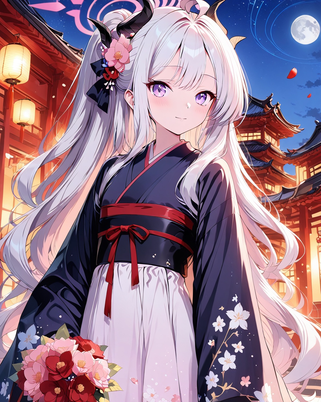 Hina (Blue Archive),O,Hanfu,Hina (Blue Archive),long hair,solo,purple eyes,wings,bangs,middle part,white hair,halo,looking at the audience,horns,dandruff,devil's wings,devil's horns,low wings,Hanfu,moon,flowers,hair accessories,long hair,night,flowers,full moon,wide sleeves,blusher,ribbon,decorations,hair ring,platform,dress,night sky,headband,holding,fur lined,extremely long hair,galaxy,magpies,petals,bouquet,architecture,long sleeves,blooming,East Asian architecture,night sky,wide sleeves,closed mouth,happy,accurate,best quality,anatomically correct,red eyes,Nai3 style (Nai3:1.4),extremely detailed CG unified 8k wallpaper (high quality),very exquisite and beautiful,masterpiece,super fine CG unified 8k wallpaper,masterpiece,best quality,super fine,beautiful and delicate eyes:1.2 (UHD),anatomically correct,accurate,textured skin,super detail,high details,award winning,best quality,high quality,retina,HD,16k,1080P,