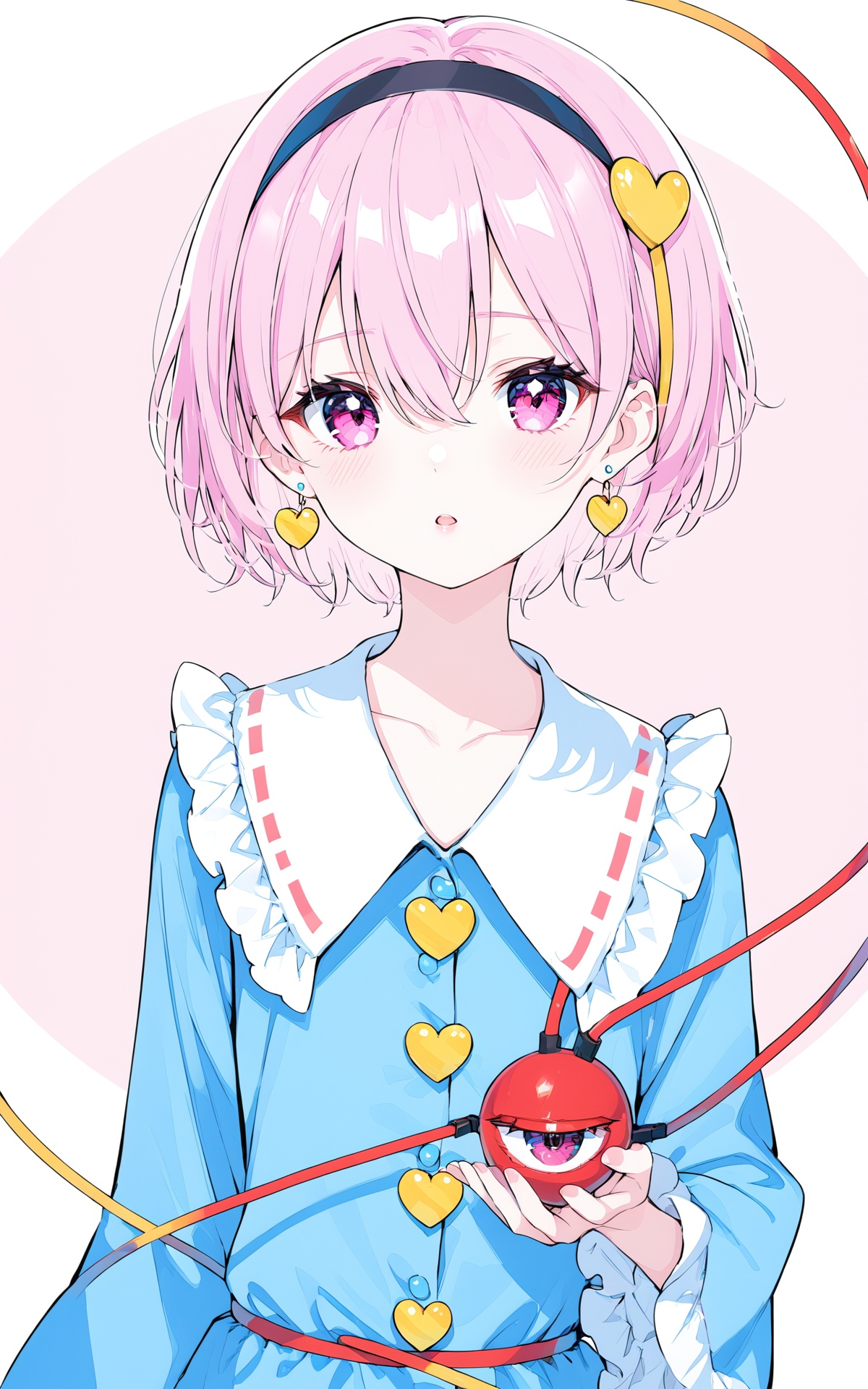 (masterpiece),(best quality),illustration,ultra detailed,hdr,Depth of field,(colorful),loli,1girl,solo,komeiji satori,heart,pink hair,long sleeves,short hair,hairband,looking at viewer,third eye,heart hair ornament,blush,upper body,hair ornament,parted lips,shirt,blue shirt,pink eyes,black hairband,hair between eyes,bangs,frills,frilled shirt collar,buttons,jewelry,earrings,wide sleeves,frilled sleeves,collarbone,