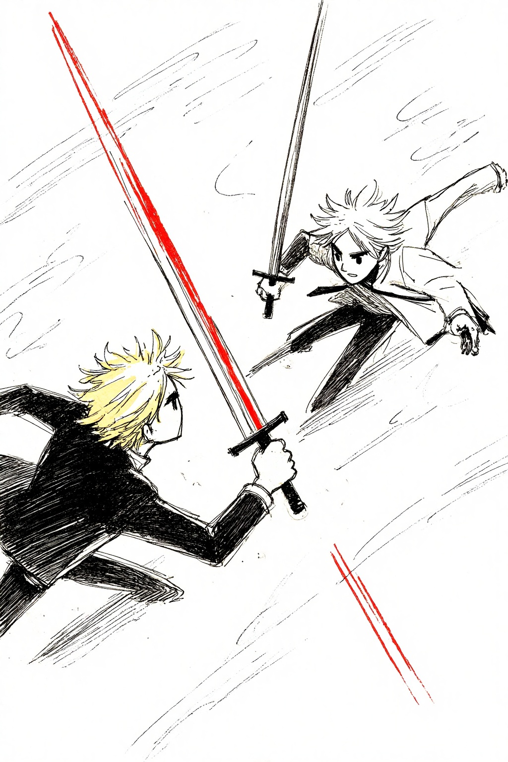 beijihui,A black and white drawing of two people holding a sword. The person on the left is wearing a black jacket and has blonde hair. The man on the right is holding a black sword. There is a red line running across the image. The background of the image is white. There are black lines on the white background.,