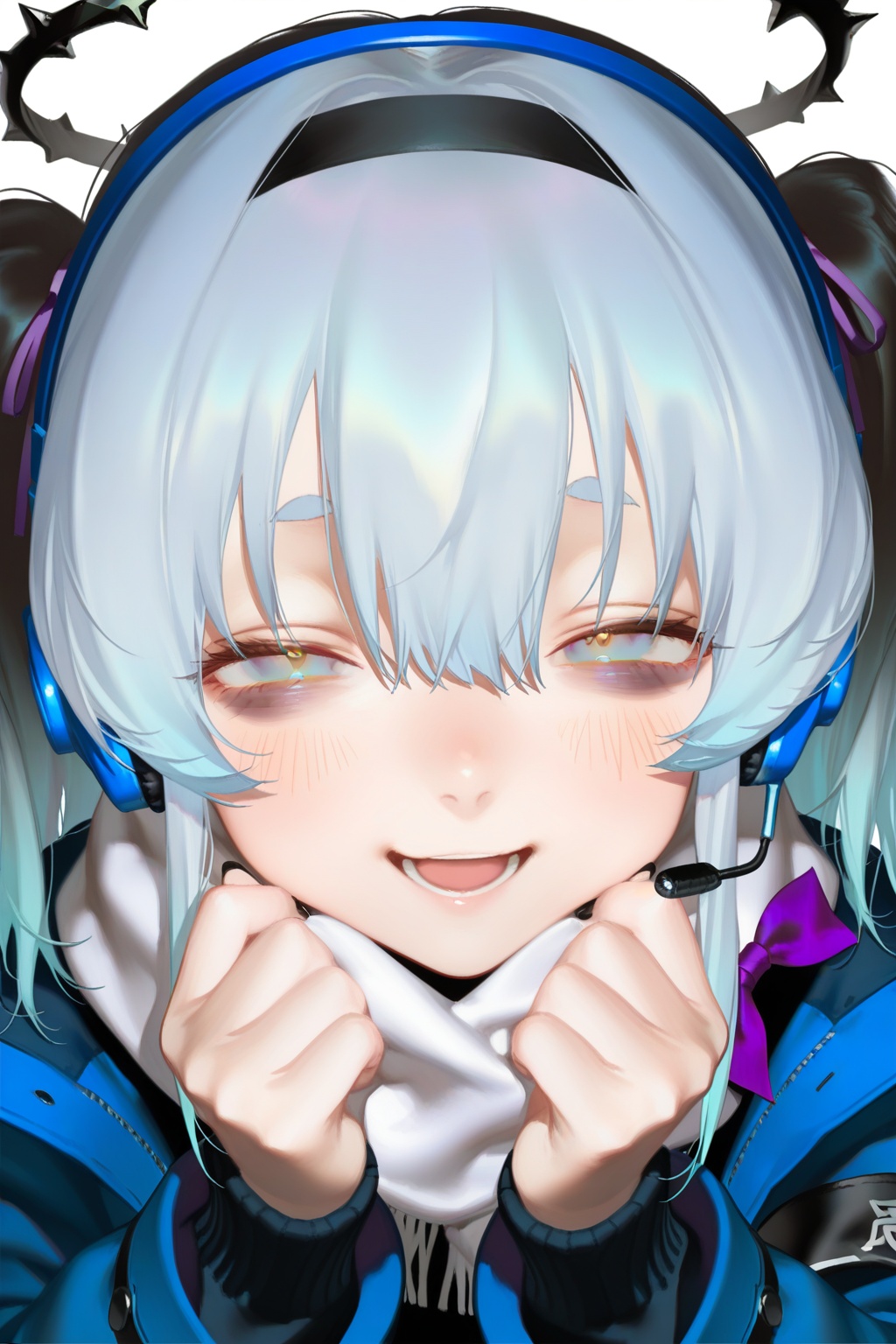 highres,absurdres,Visual impact,masterpiece,best quality,very aesthetic,amazing quality,newest,very awa,<lora:Face-Style:1>,(face focus:1.5),1girl,solo,hair between eyes,medium hair,twintails,light blue hair,long sidelocks,gradient eyes,yellow eyes,(orange eyes:0.8),bags under eyes,tareme,half closed eyes,short eyebrows,Black nails,(Black headband:1.1),(purple bow hair tie:1.1),1girl,solo,long hair,looking at viewer,blush,smile,open mouth,bangs,blue eyes,simple background,black hair,long sleeves,white background,hair between eyes,jacket,upper body,scarf,halo,blue jacket,armband,white scarf,blue headphones,gradient hair,gradient eyes,black halo,thorns halo,