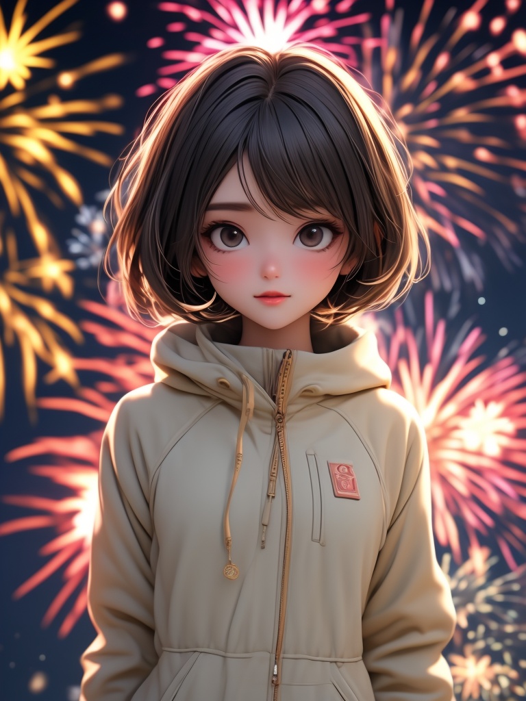 WenX,1girl,solo,23 years old,black eyes,bob cut,small breasts,slim,looking at viewer,(snowsuit),(night),looking at viewer,(spring festival:1.2),(eastern_dragon),(spring festival),(close-up:1.2),detailed face,(The background of fireworks blooming in the air:1.4),3D,masterpiece,16k,best quality,perfact light,intricate details,ultra-detailed,<lora:WenX_20231212092913-000009:0.8>,<lora:blindbox_v1_mix:1>,<lora:20231207-1701916132763:0.6>,<lora:ChineseNewYear2024:0.6>,
