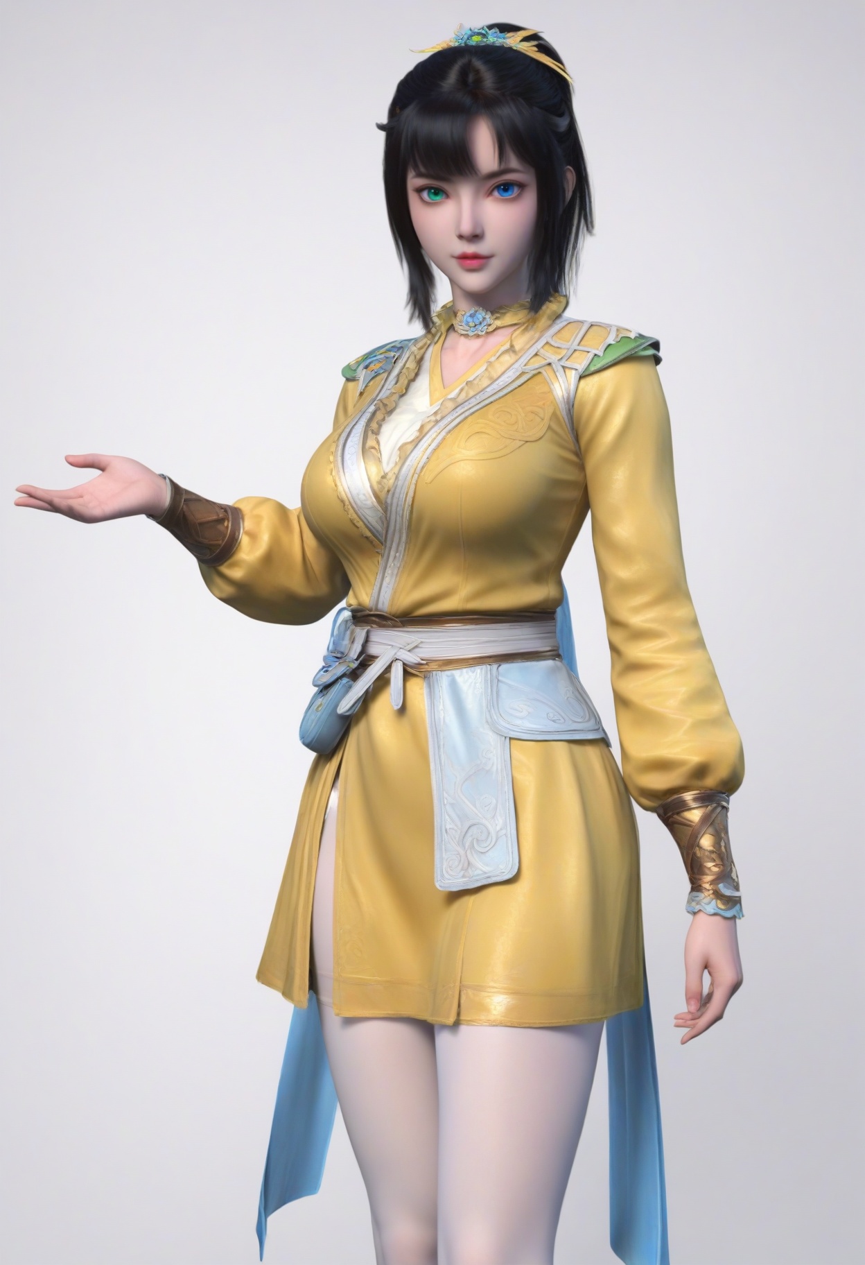 score_9,<lora:SF_SiKongQianLuo_Pony_Realism2.3-000003:0.7>,1girl,solo,bangs,heterochromia,green eyes,blue eyes,black hair,yellow clothes,large breasts,yellow dress,white pantyhose,standing,looking at viewer,white background,