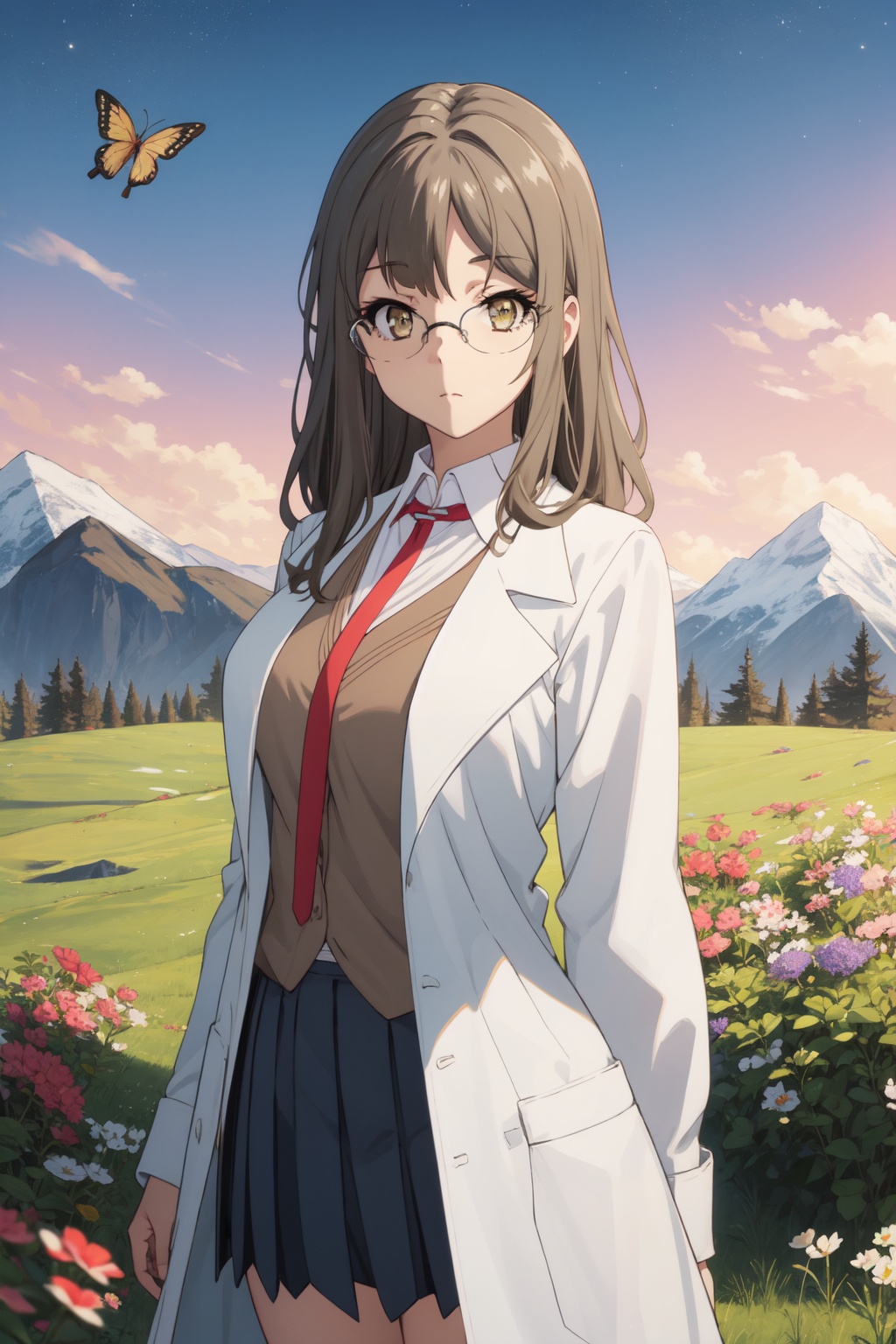 <lora:Rio-000014:0.8>,Rio CYQL,1girl,looking at viewer,solo,brown_hair,long_hair,bangs,brown_eyes,glasses,rimless_eyewear,labcoat,school_uniform,shirt,necktie,skirt,vest,smug,full_shot,Meadow, Flowers, Mountains, Grass, Bees, Colors, Serenity, Breeze,(Lavender rows, Sunset glow, Fragrant air, Golden hues, Lavender harvest, Provencal charm:0.5),beautiful detailed sky,beautiful detailed glow,posing in front of a colorful and dynamic background,masterpiece,best quality,beautiful and aesthetic,contrapposto,female focus,wallpaper,