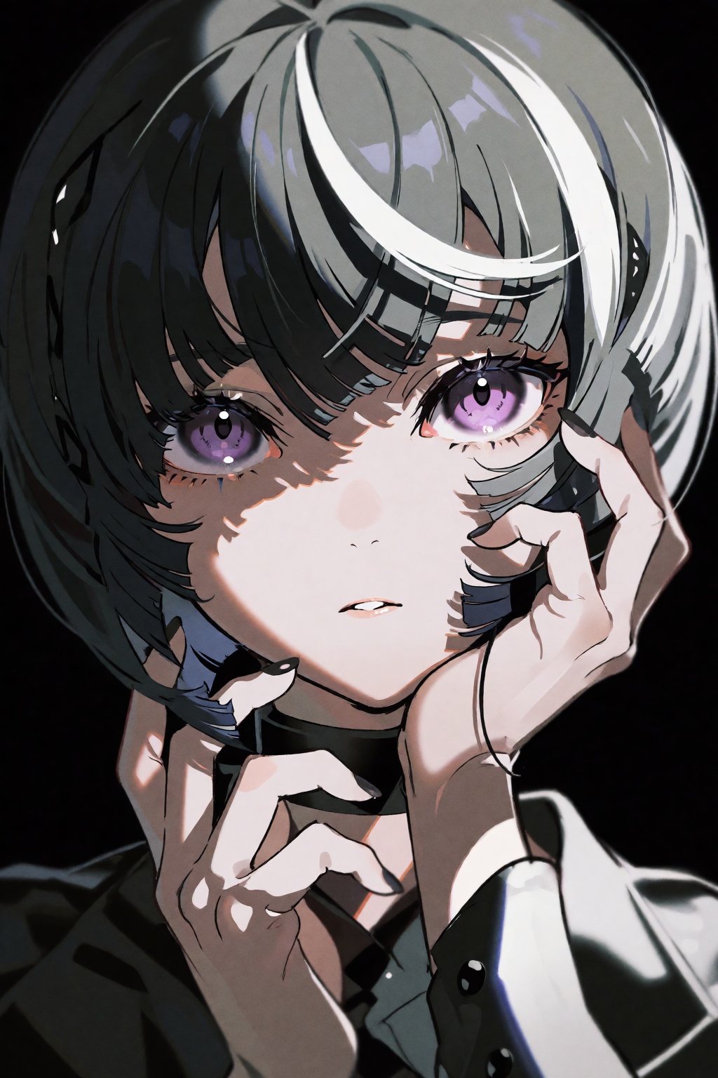 a solo character with short black hair with several white hair streaks styled into swept bangs and expressive purple eyes....
