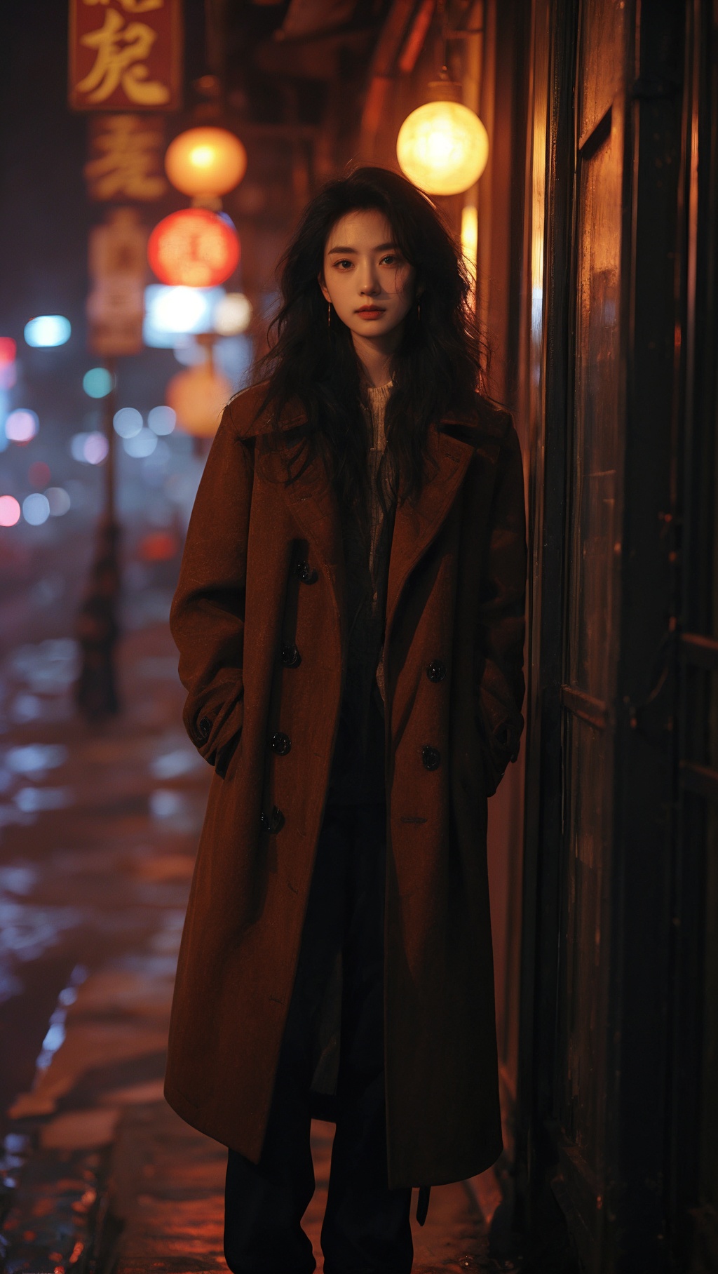 sdmai, fanhua, 1girl, solo, jewelry, long hair, looking at viewer, earrings, blurry, coat, black hair, standing, hands in pockets, night, pants <lora:SDMAI繁花肖像写真fanhua:0.8>