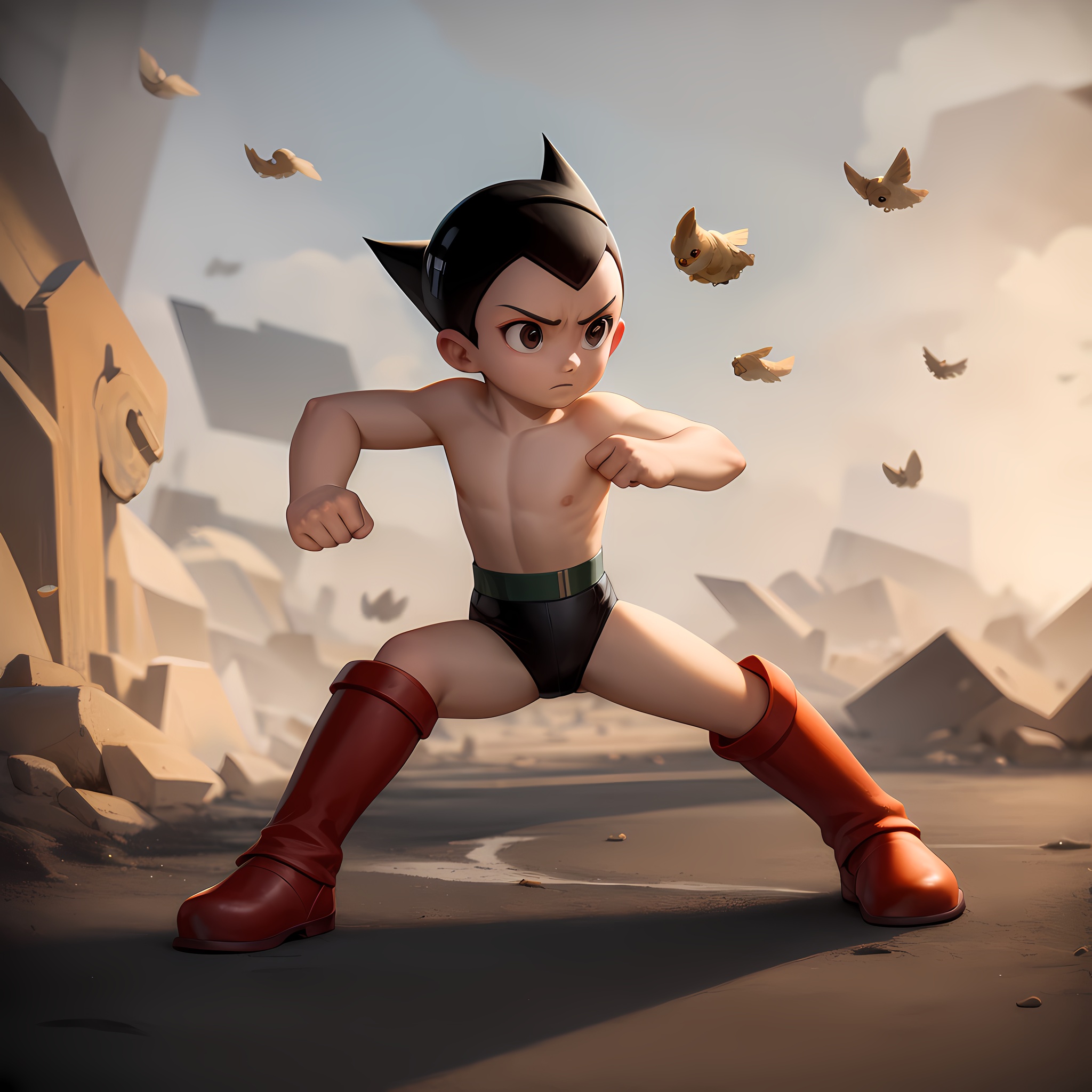 ((masterpiece, best quality)),(complex light),solo,solo focus,1boy,astro boy,black hair, black eyes,<lora:AstroBoy12-10:0.8>,red boots, fighting stance, 