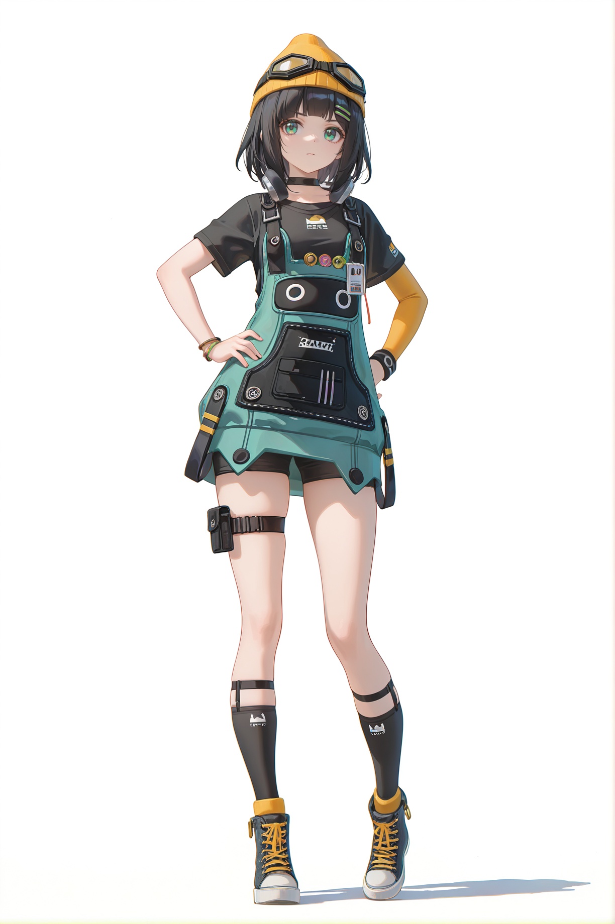8k,best quality,masterpiece,(ultra-detailed),(high detailed skin),((artist:reoen),(artist:fuzichoco),(artist:atdan),(artist:torino_aqua),year 2024:0.8)1girl,[artist:wlop],[artist:ningen_mame],artist:ciloranko,[[artist:rhasta]],artist:tidsean,colorful,jijia,2d,ambient light,full body,full shot,standing,looking at viewer,(solo:1.2),simple background,(white background:1.2),hand on own hip,(white background:1.1),<lora:Susie-ill-Tanger-000014:0.8>,Susie \(Zenless Zone Zero\),clothes: Susiedef casual outfit,cyan overall dress,1girl,black hair,green eyes,goggles,yellow hat,shoes,short hair,short sleeves,black socks,