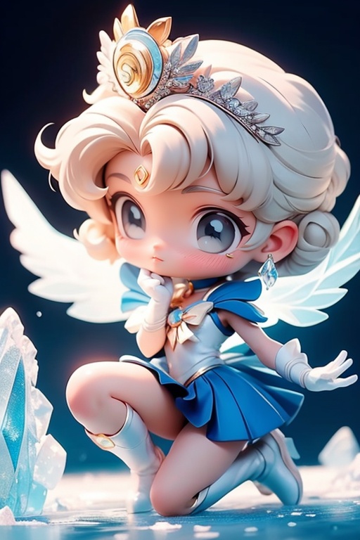 1girl,mer1,(tiara:1.3),sailor senshi uniform,blue sailor collar,bow,knee boots,choker,white gloves,blue choker,elbow gloves,jewelry,earrings,blue skirt,detailed background,(detailed light),looking_at_viewer,beautiful detailed glow,detailed ice,beautiful detailed water,((ice crystal texture wings)),fantasy,chibi,