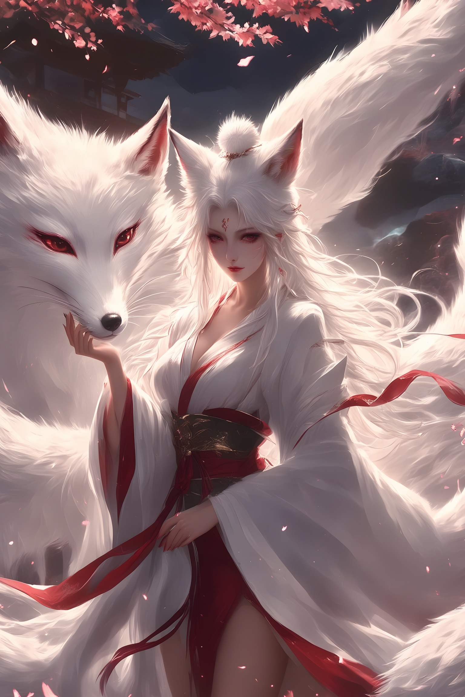 yaozu,The image depicts a mystical scene featuring a large,ethereal white wolf with red accents on its face and body. The wolf's eyes are glowing red,and it appears to be surrounded by swirling clouds and floating petals. In the foreground,there is a figure dressed in flowing white garments with red accents,standing with their back to the viewer. The figure is holding a staff with a crescent moon design. The background consists of a mountainous landscape with a mix of dark and light tones,creating a dramatic and enchanting atmosphere.,yaozu,The image depicts a fantasy character with long white hair and fox-like features,including pointed ears and a tail. She is dressed in a red and white outfit that resembles traditional Japanese clothing,with intricate gold detailing. The character is surrounded by a large,majestic white fox with red eyes,which appears to be a companion or a part of her. The background is dark,with subtle hints of light and shadows,creating a mystical and enchanting atmosphere. The overall scene exudes a sense of elegance and otherworldly beauty.,