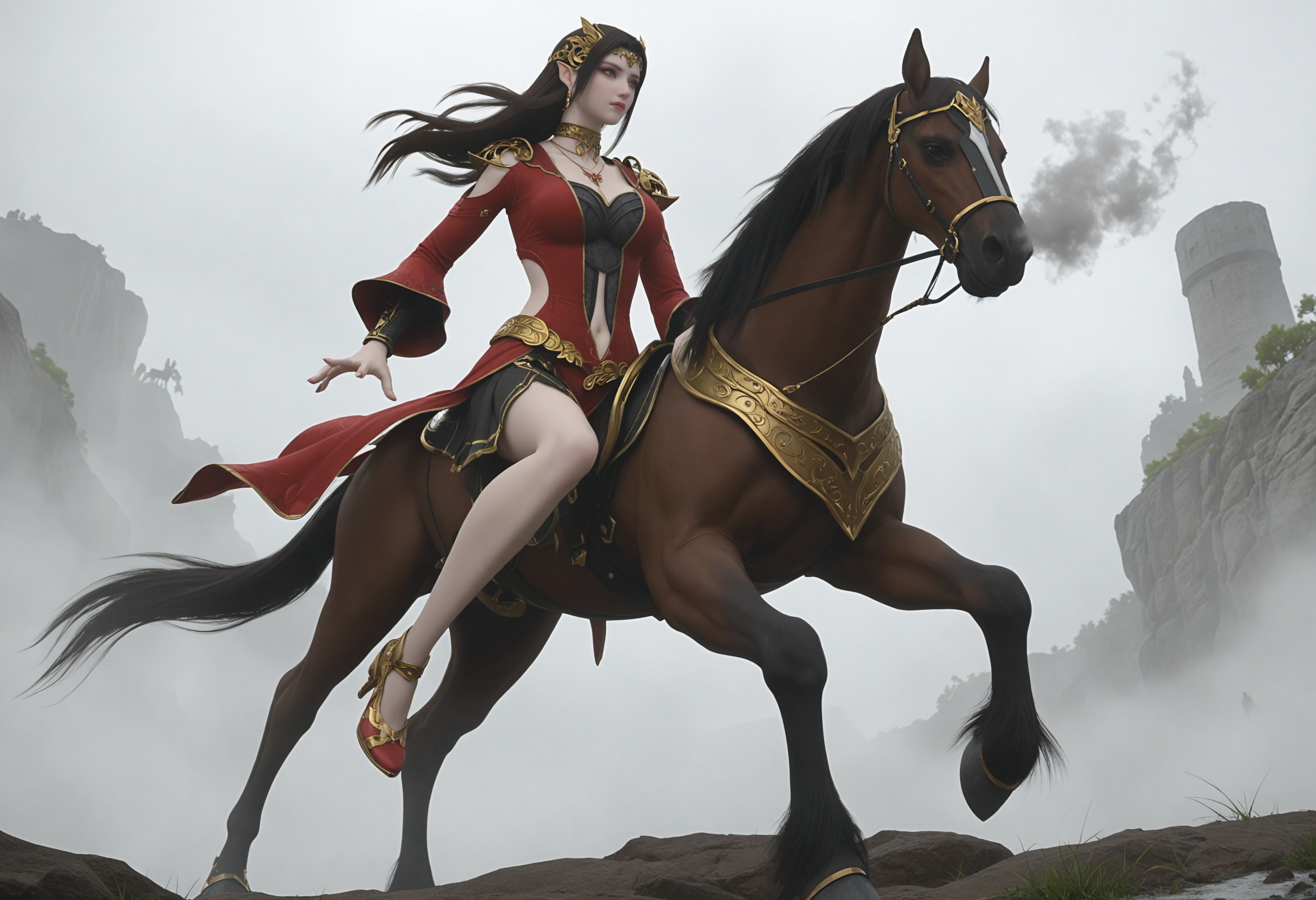 best quality,masterpiece,(tall horse:1.2),view from below,masterpiece,(full body:1.1),front view,low angle,hyperdetailed,illustration,detailed sketch,wind blowing,youthful,(knight:1.2),(on horse:1.2),looking at violent battle in background,fog,smoke,(majestuous:1.1),river,<lora:YQ_li光辉v5_meidusha_V6:0.7>,q1528437228,solo,1girl,long_hair,black_hair,jewelry,pointy_ears,earrings,necklace,hair_ornament,dress,red_dress,navel,brown_hair,choker,realistic,cleavage,tiara,long_sleeves,clothing_cutout,armor,grey_eyes,black_eyes,skirt,shoulder_armor,eyeshadow,high heels,